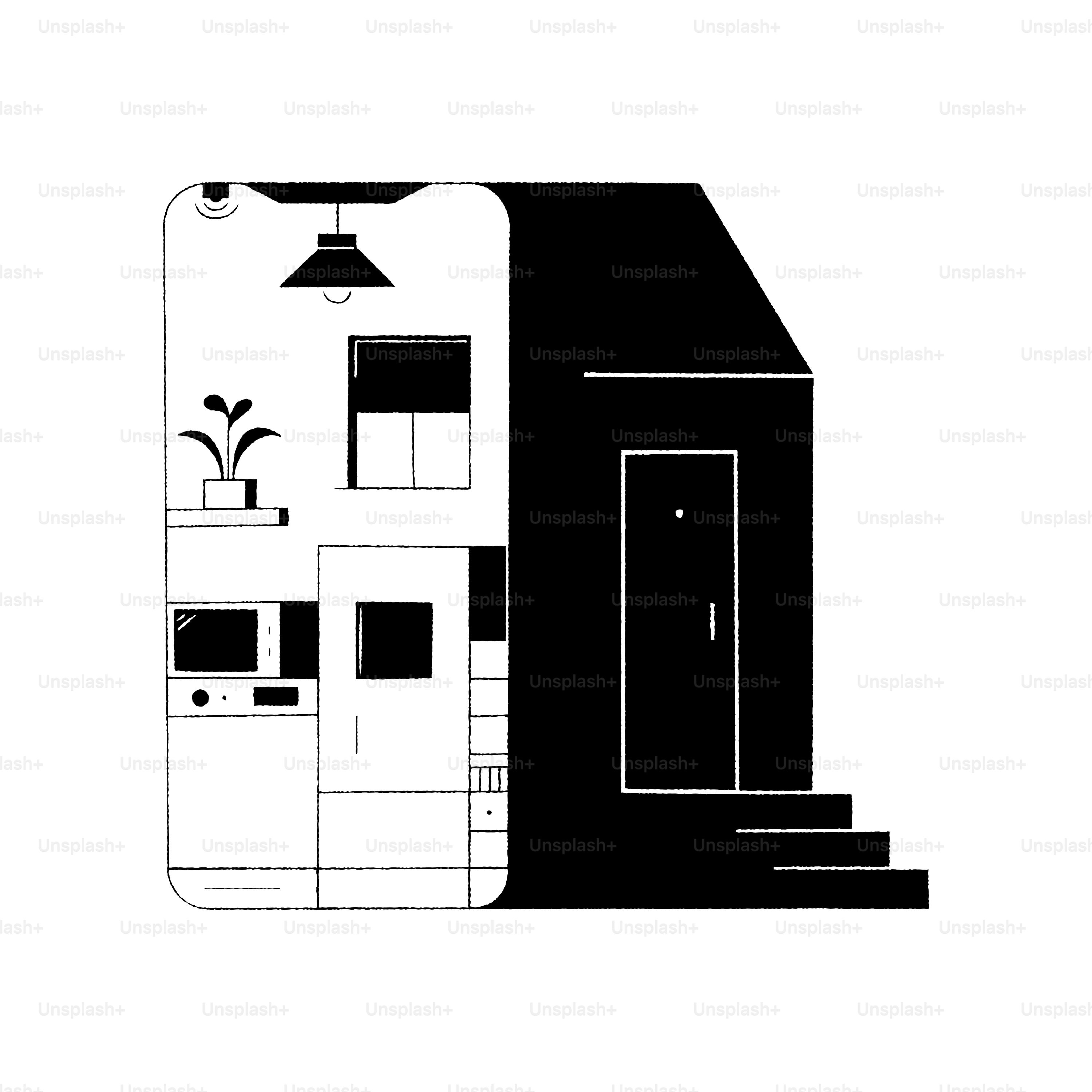 A black and white drawing of a house