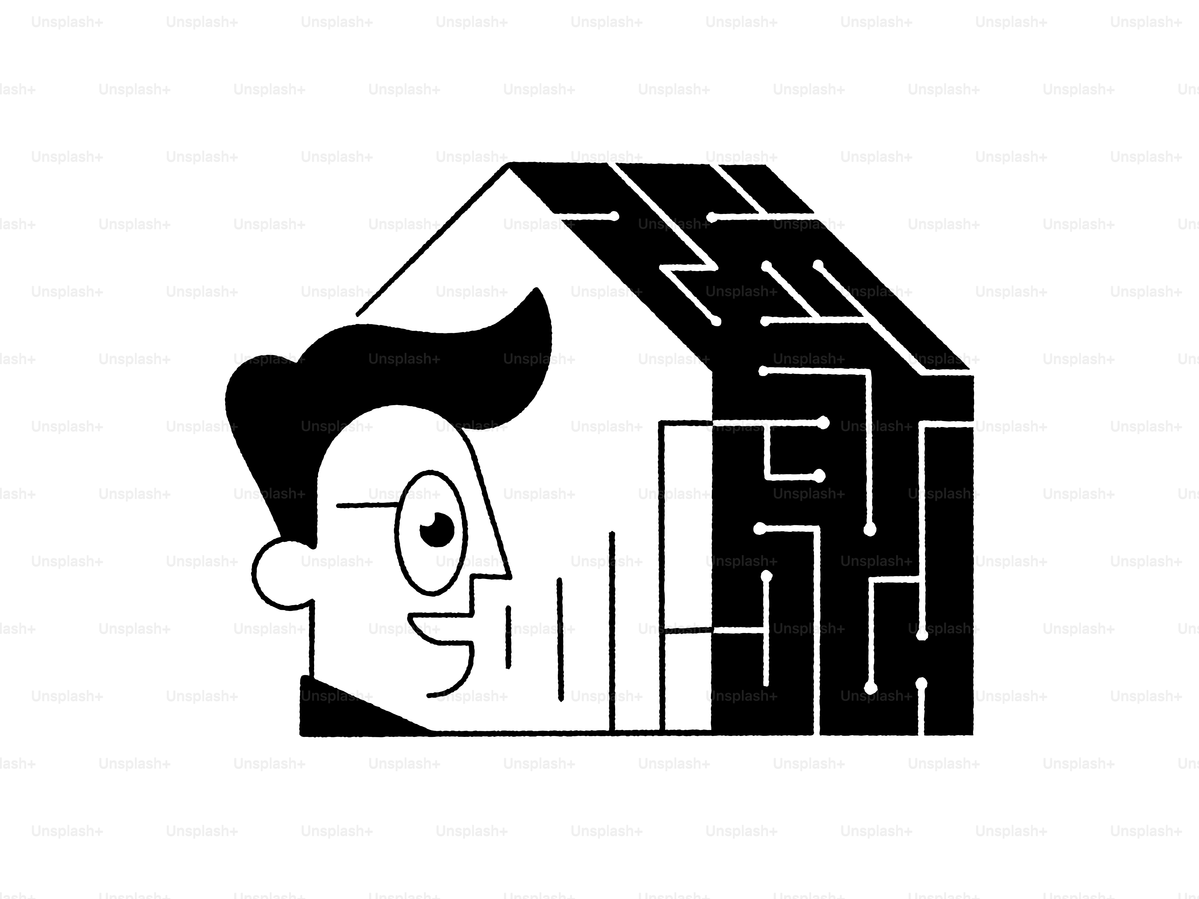 A black and white picture of a house with a face