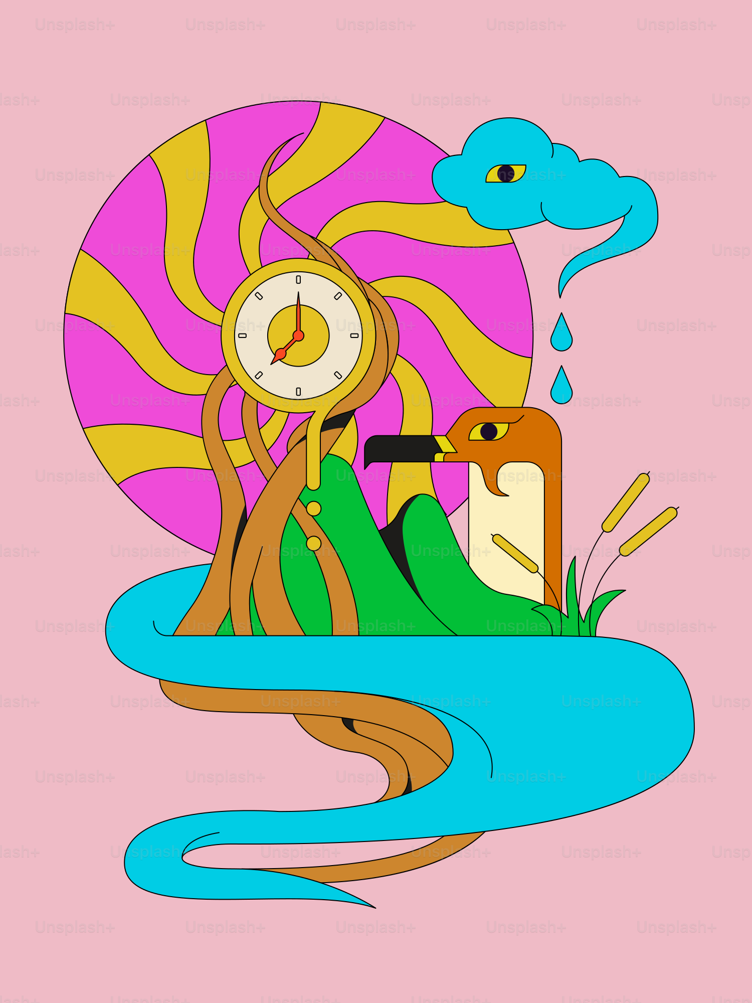 Un fond rose avec une horloge et une personne dans un bateau