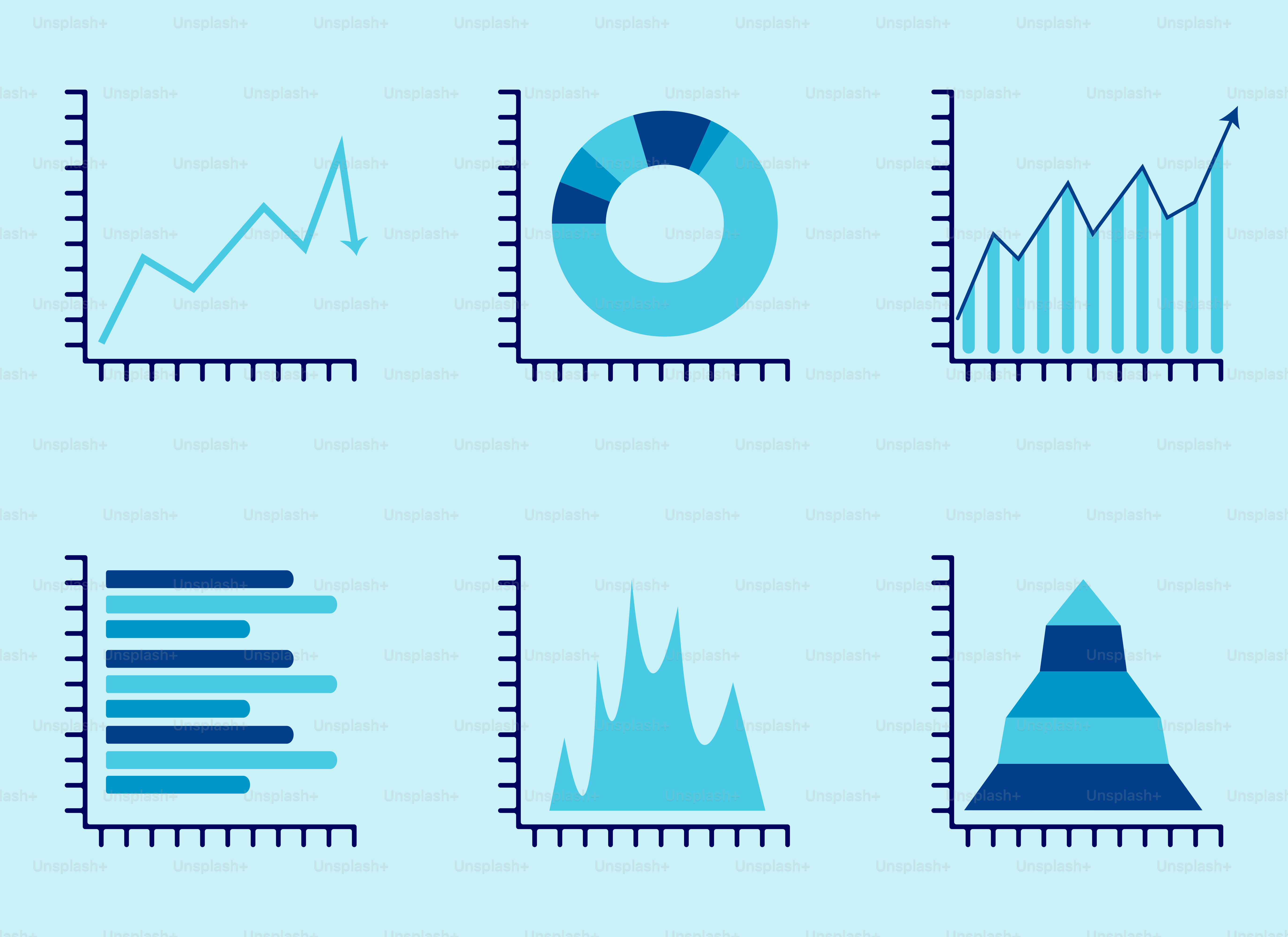 파란색 배경에 다양한 종류의 그래프가 있습니다 벡터 – Unsplash의 데이터 이미지