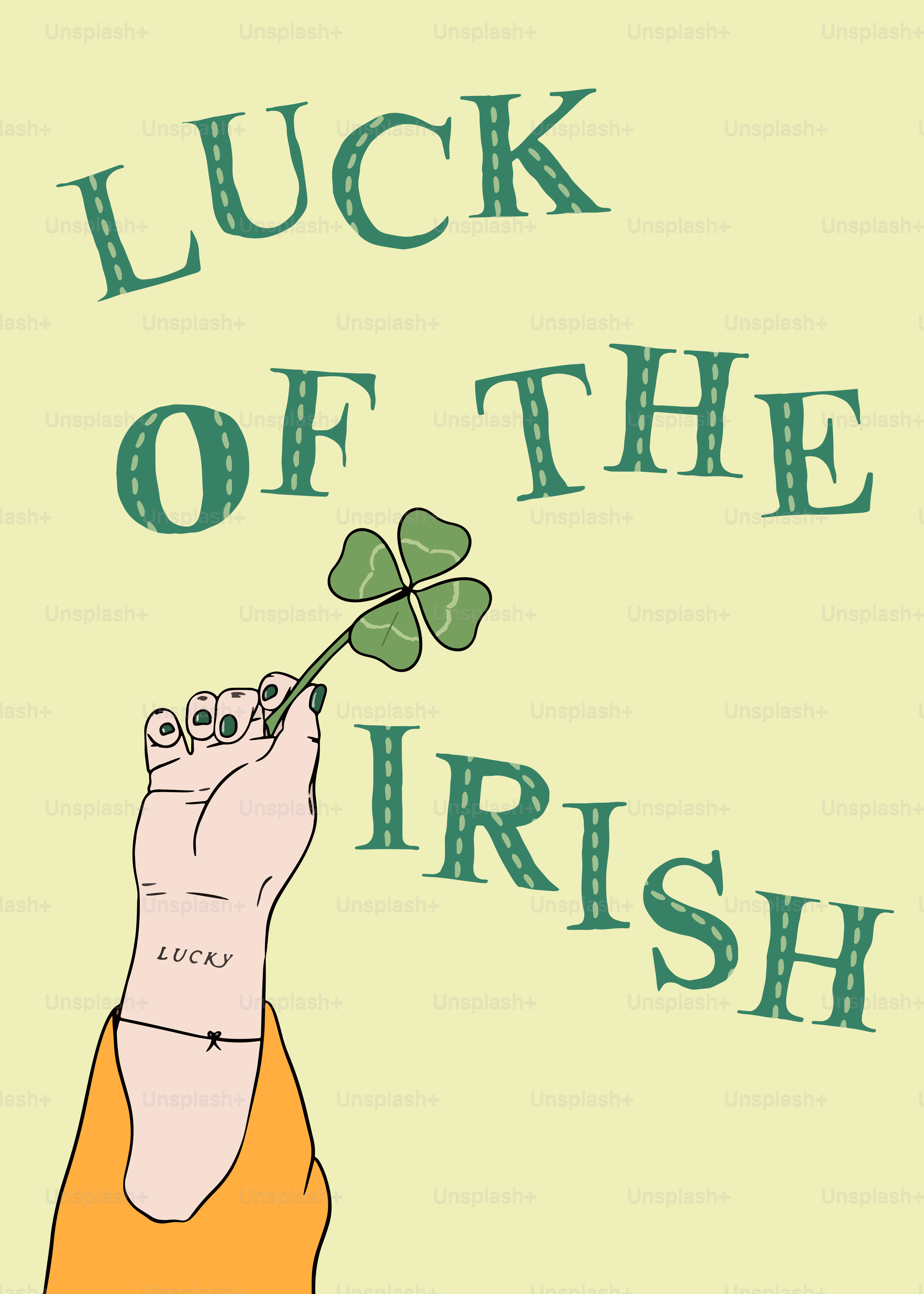 A hand holding a clover with the words luck of the irish