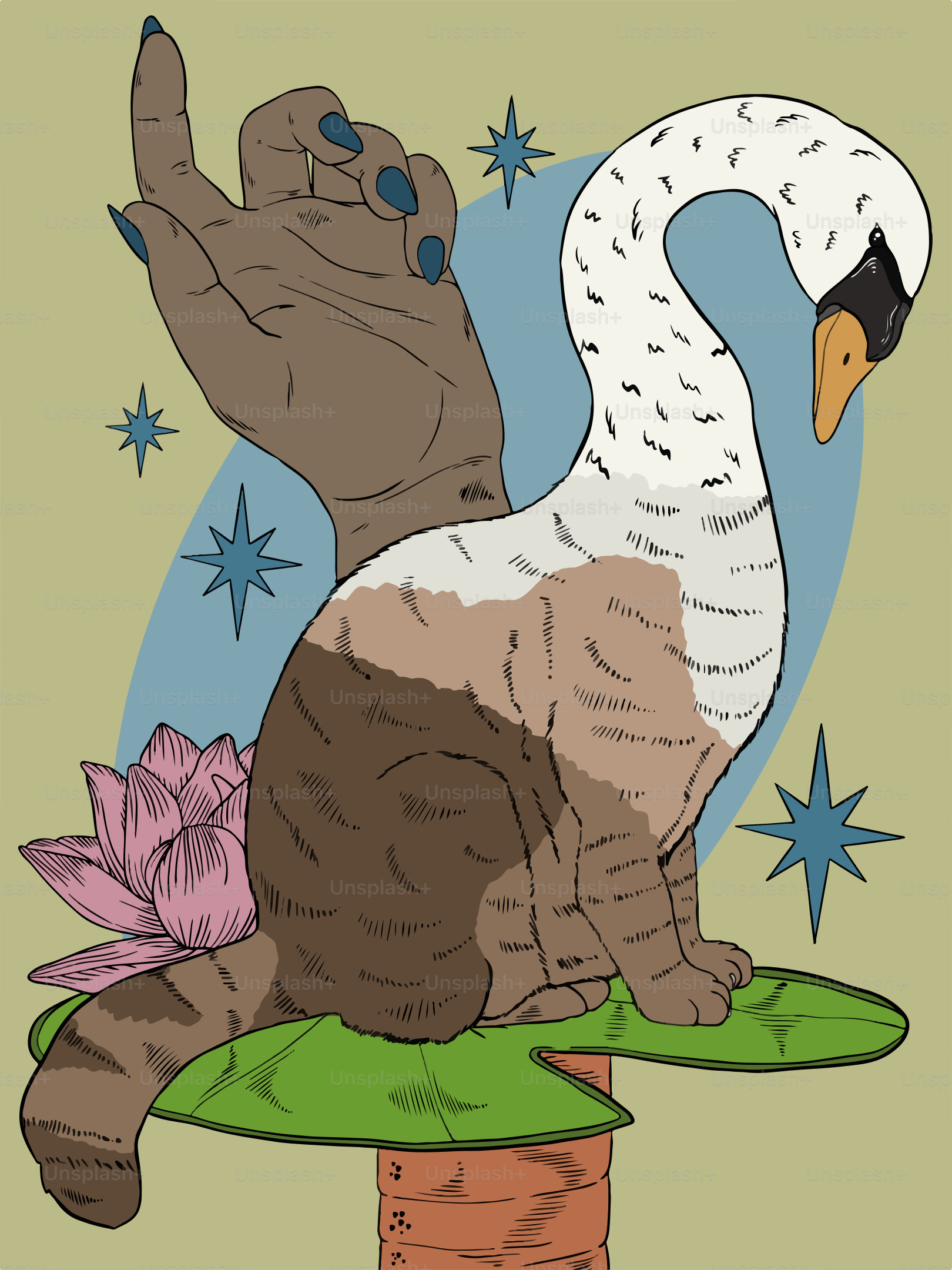 A drawing of a cat sitting on top of a flower