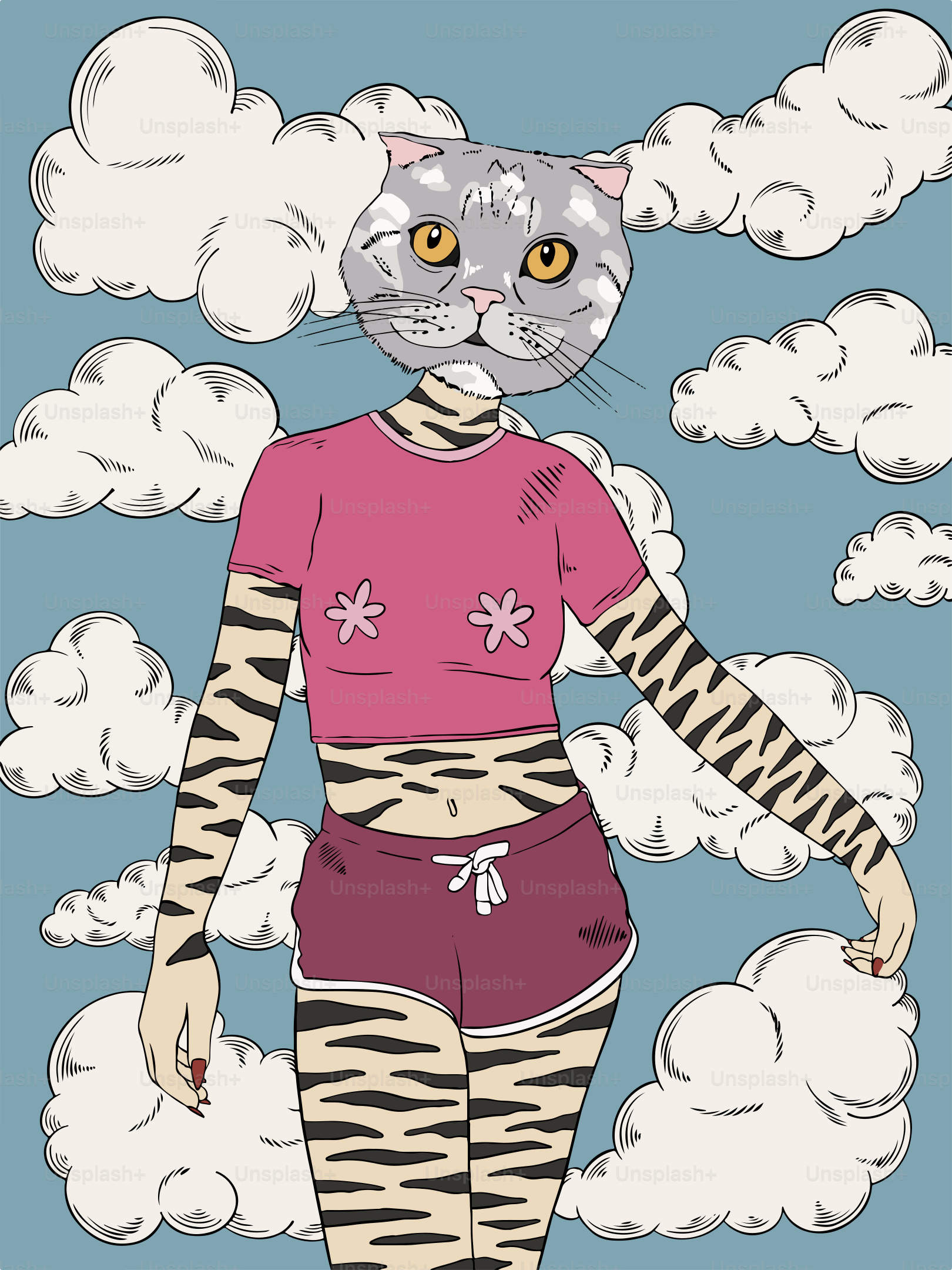 Un dessin d’un chat portant une chemise rose et un short