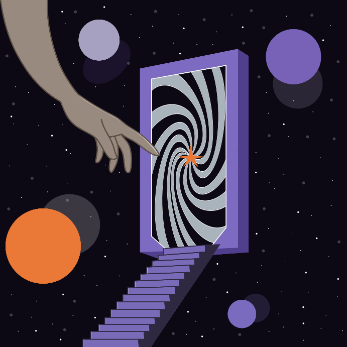 A hand reaching down a stair leading to an open door