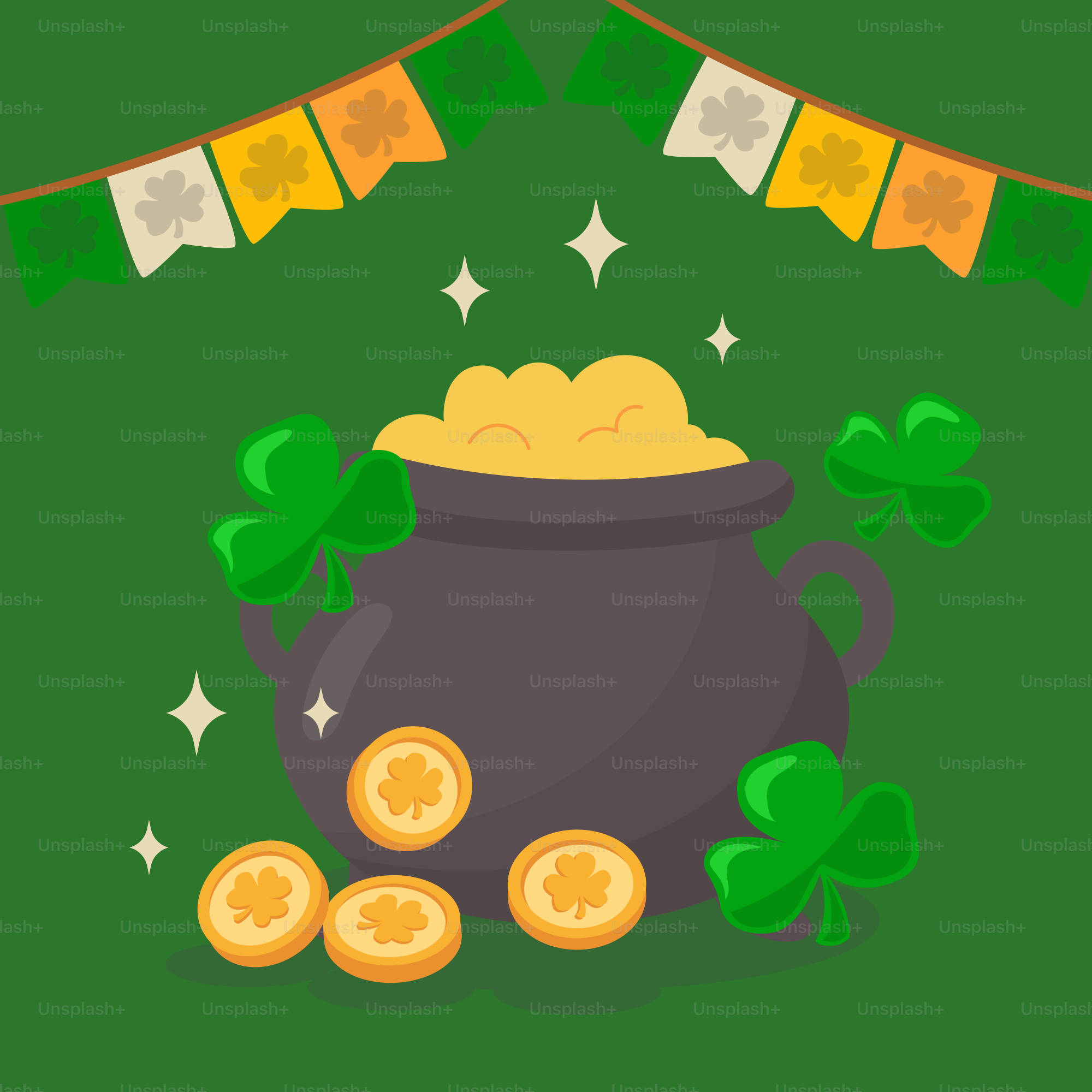 Pot koin emas dan shamrock dengan latar belakang hijau