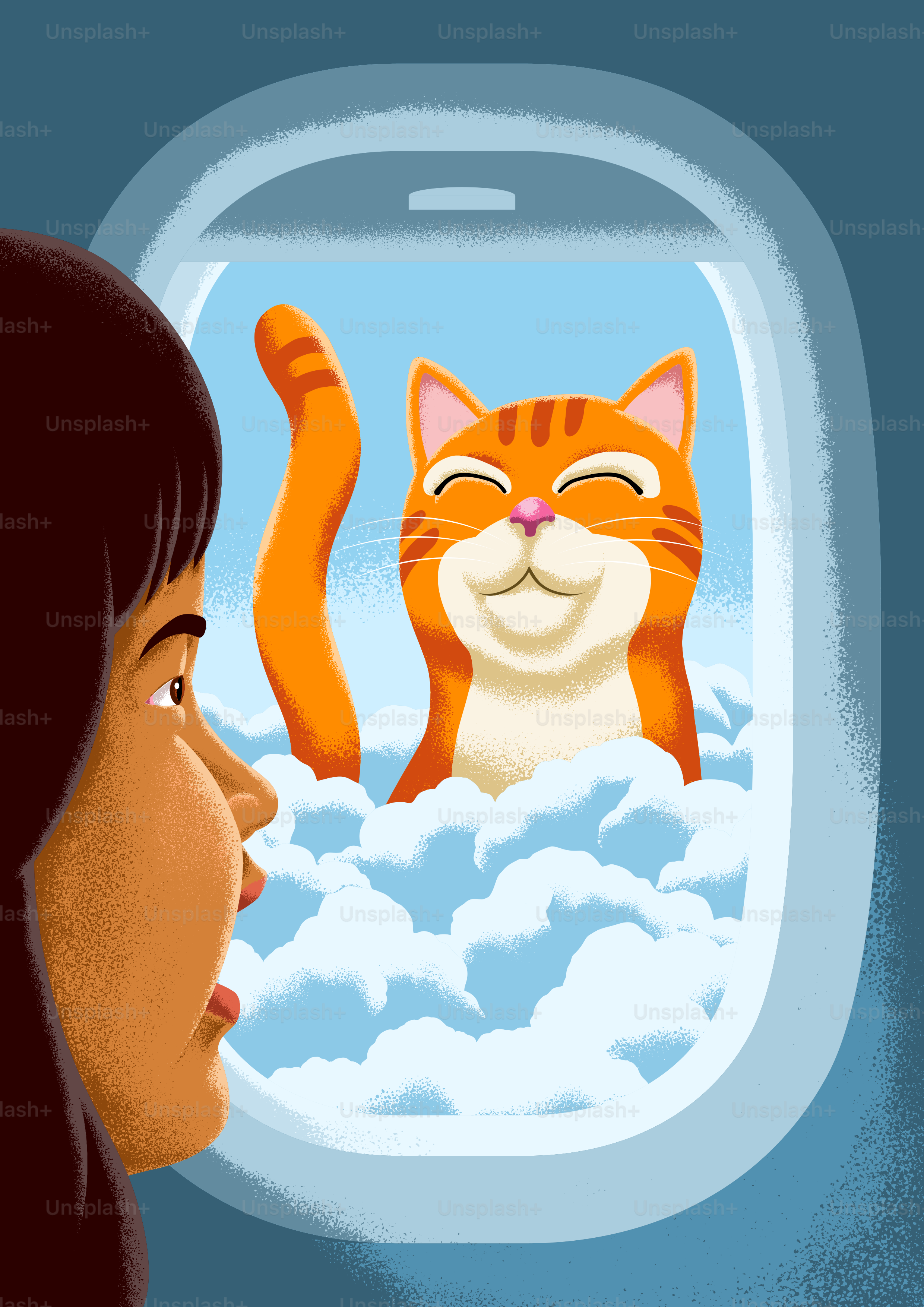 A woman looking out an airplane window at a cat