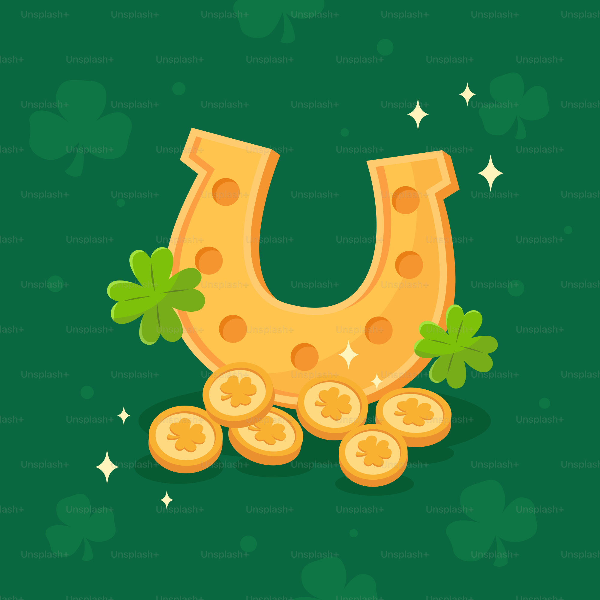 A st patrick's day card with a horseshoe and coins