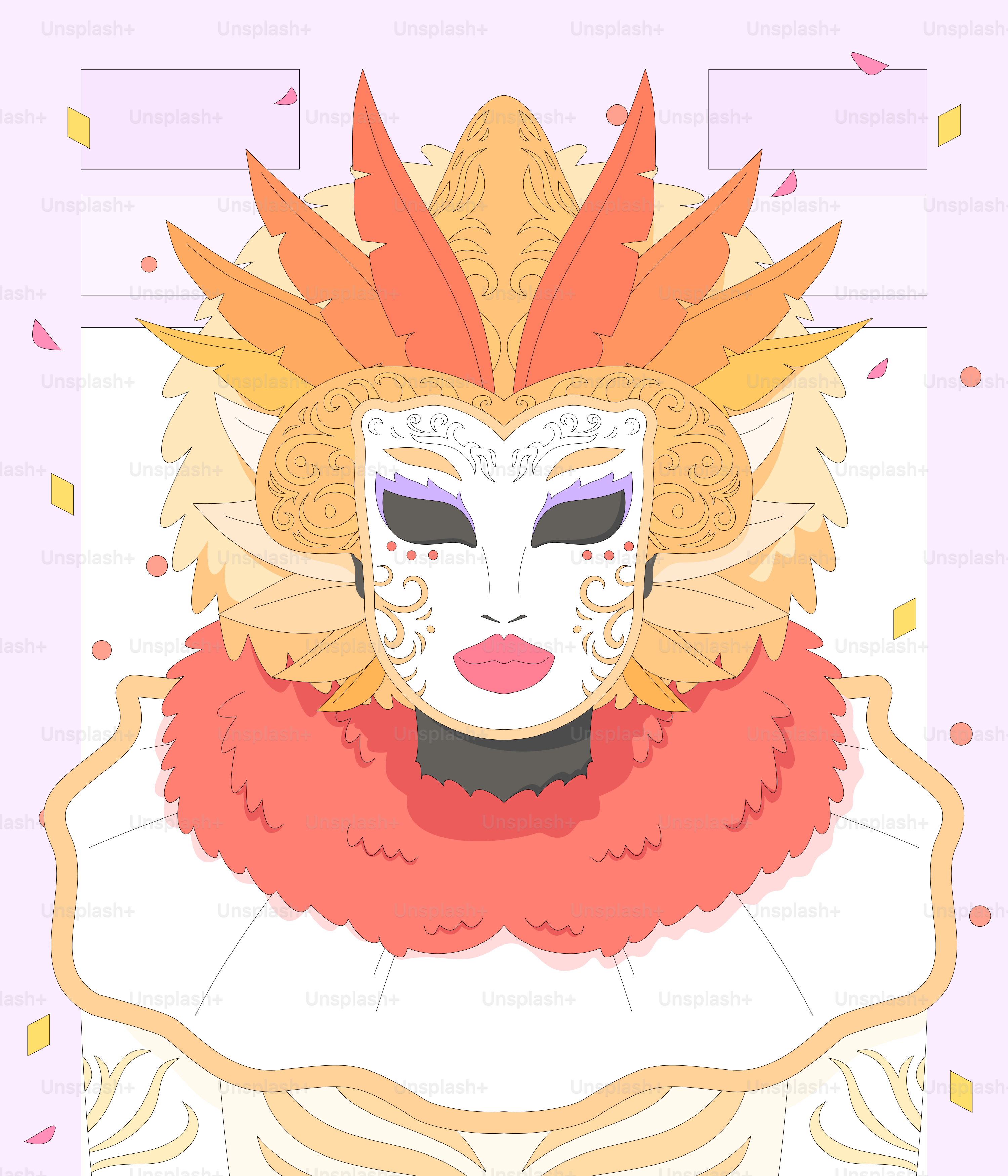 A woman wearing a mask with feathers on her head