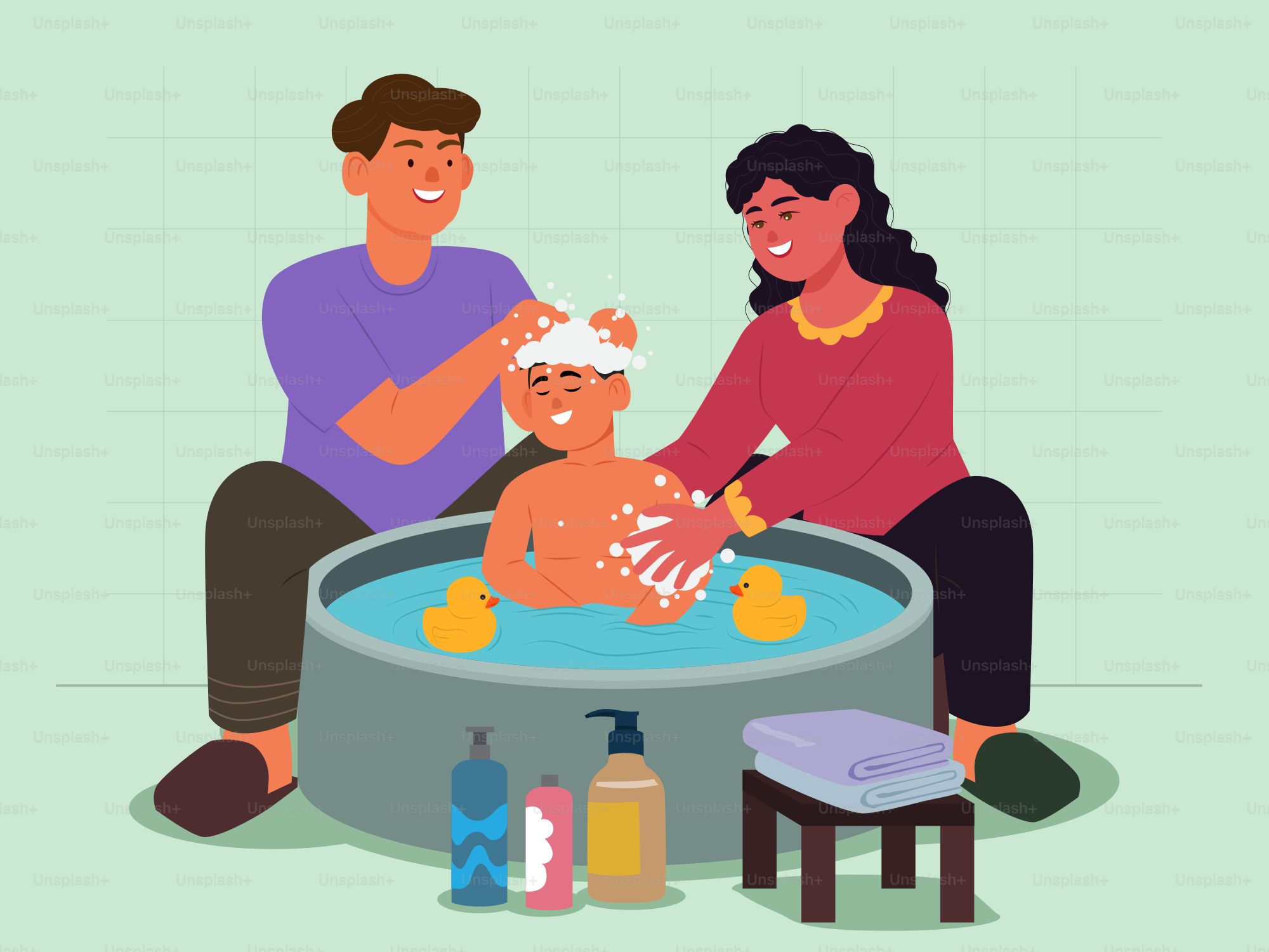 Seorang pria dan wanita memandikan bayi di bak mandi