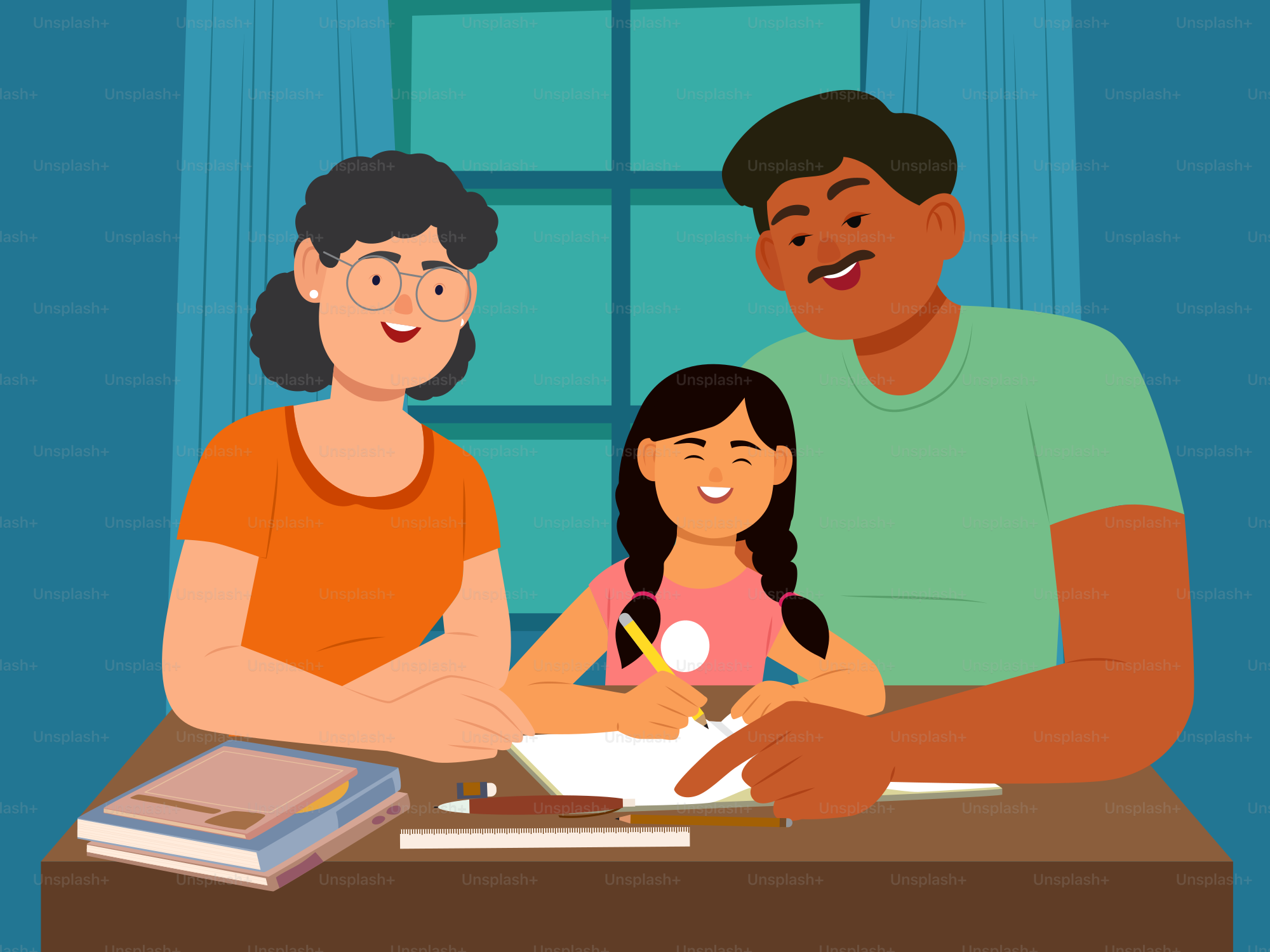 A family sitting at a table with a book