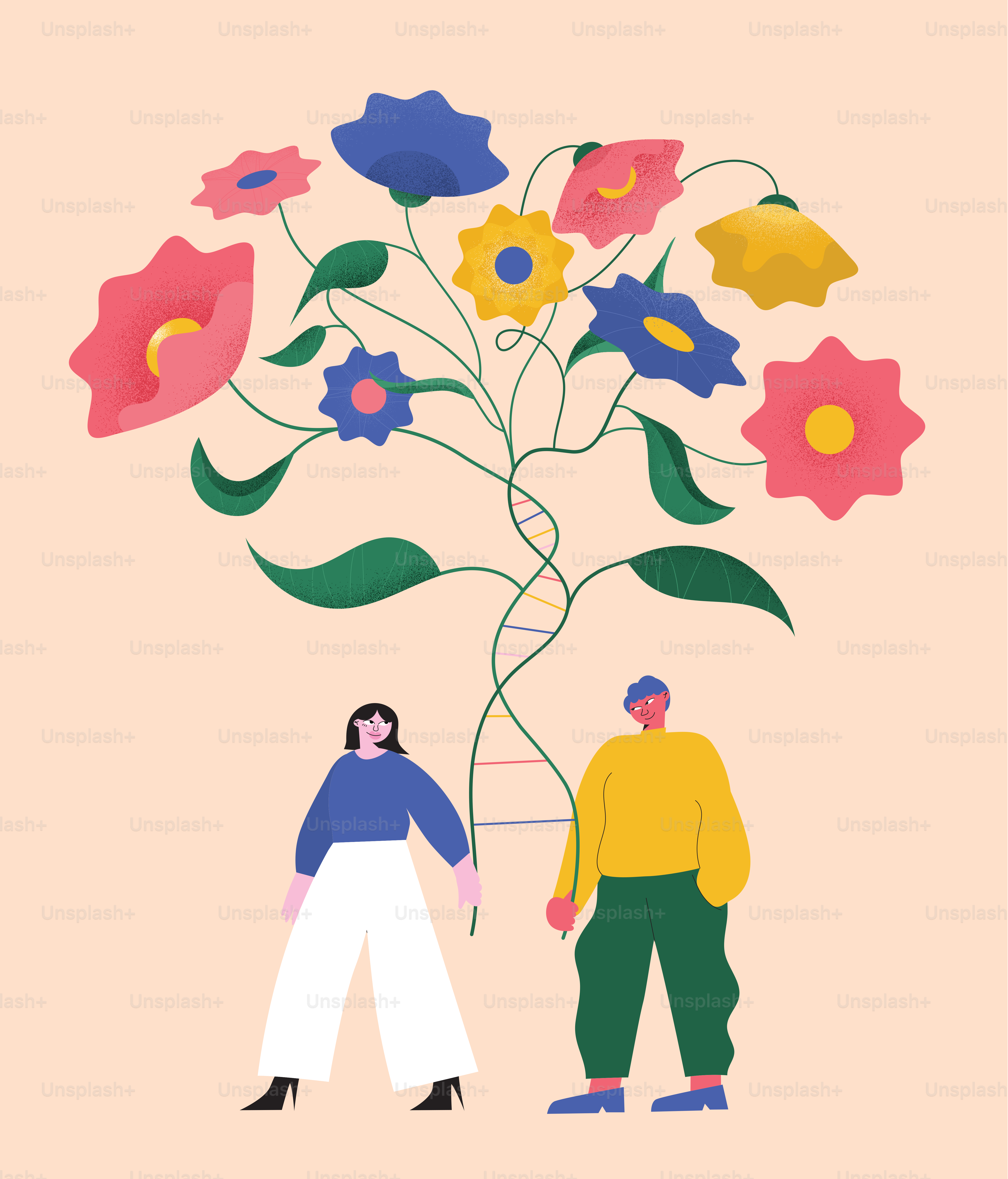 Zwei Personen stehen neben einer Vase mit Blumen