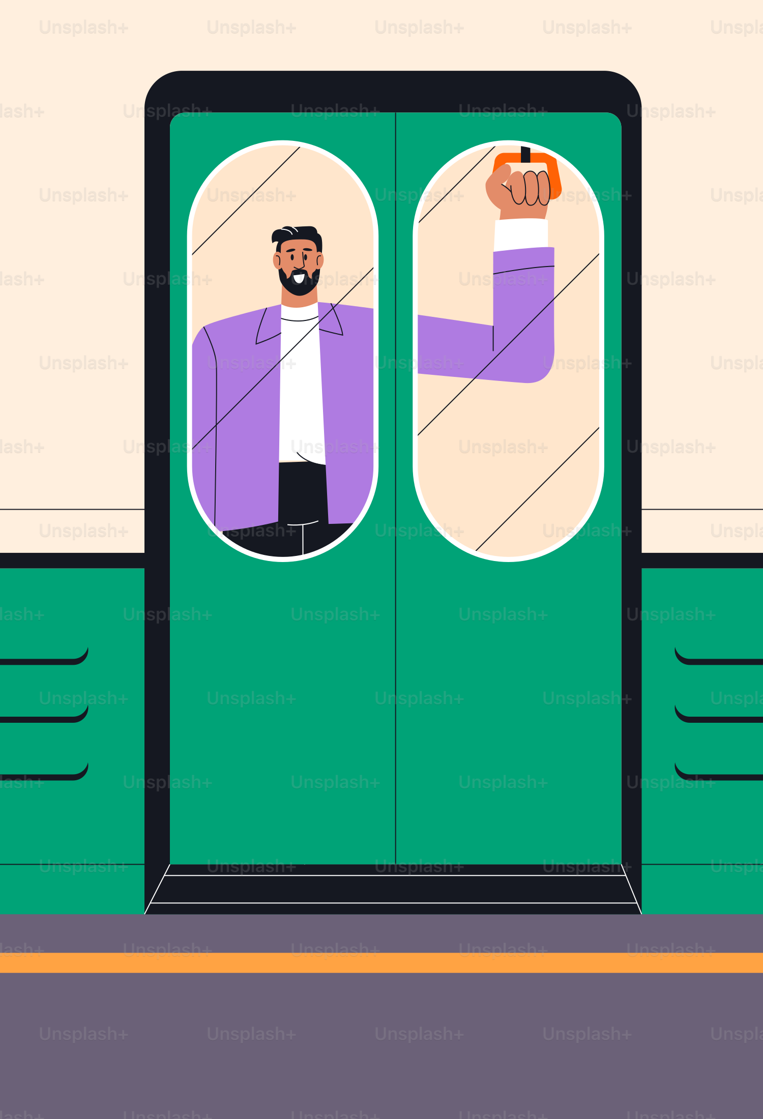 A man standing in front of a green door