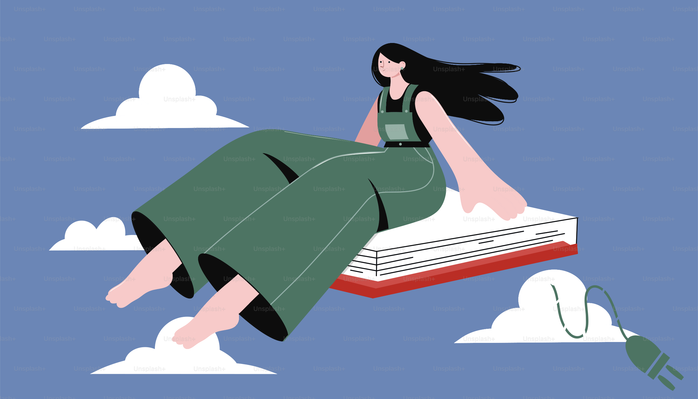 本の上を空を飛ぶ女性