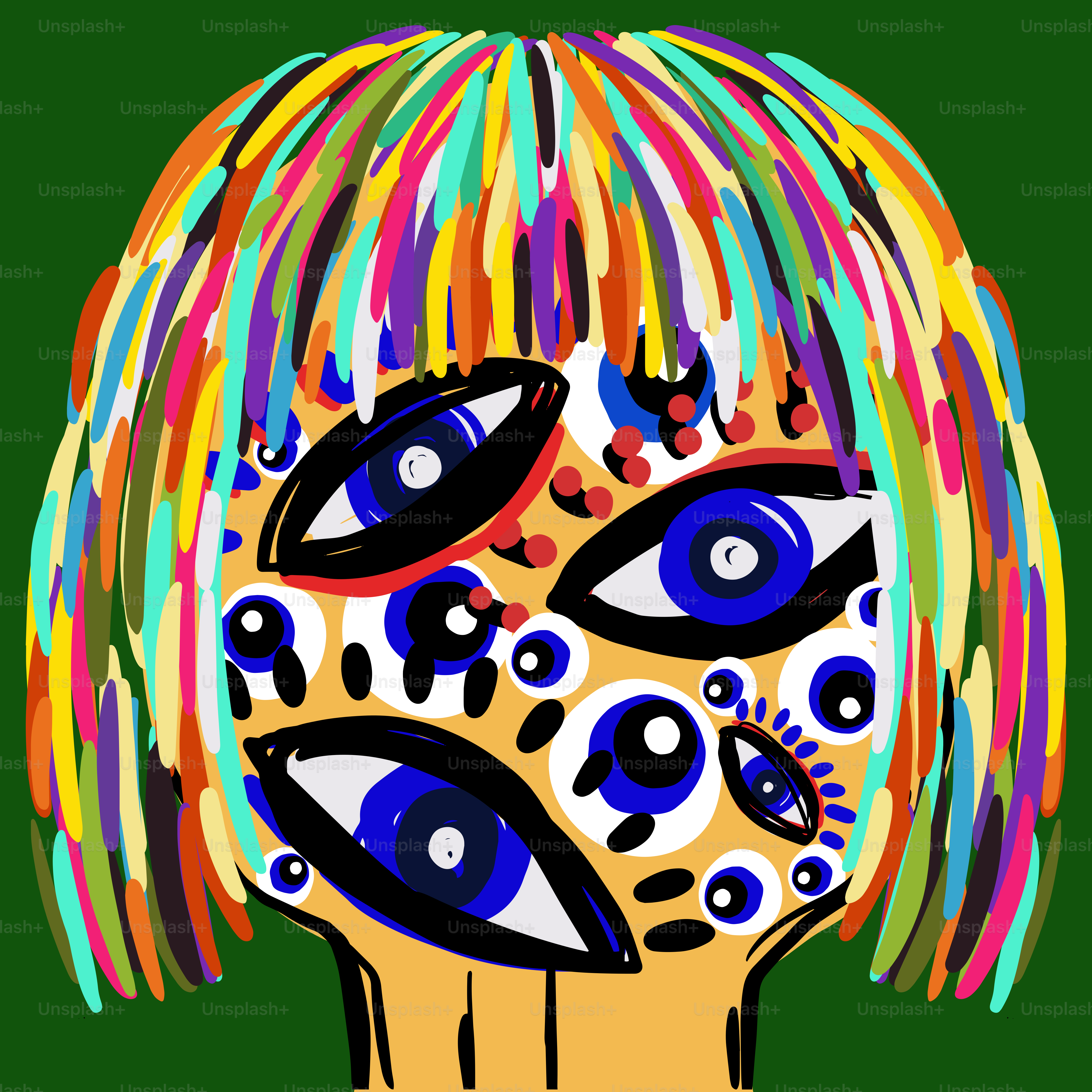 Uma pintura de uma mulher com cabelo colorido