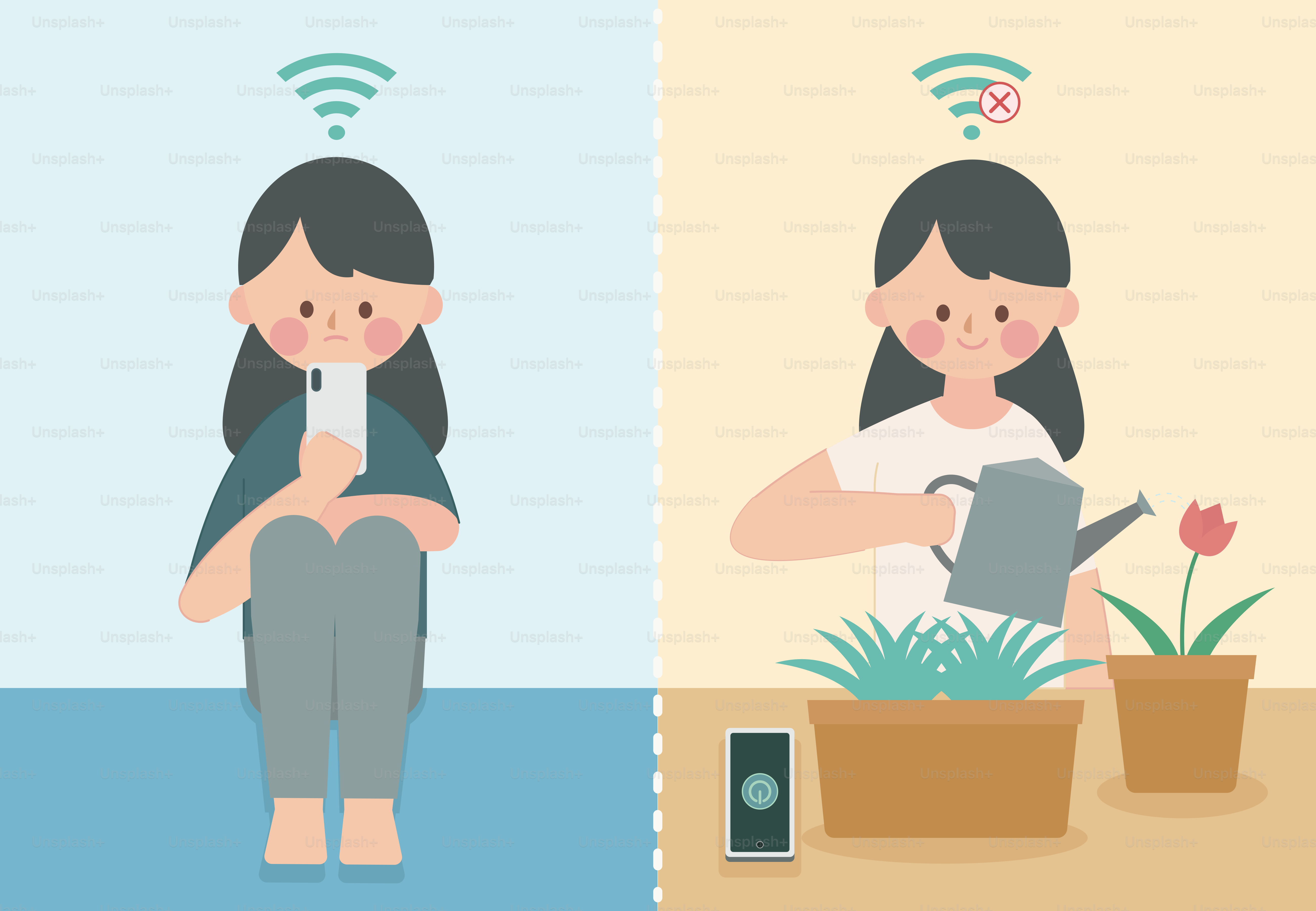 A woman sitting on the floor next to a potted plant