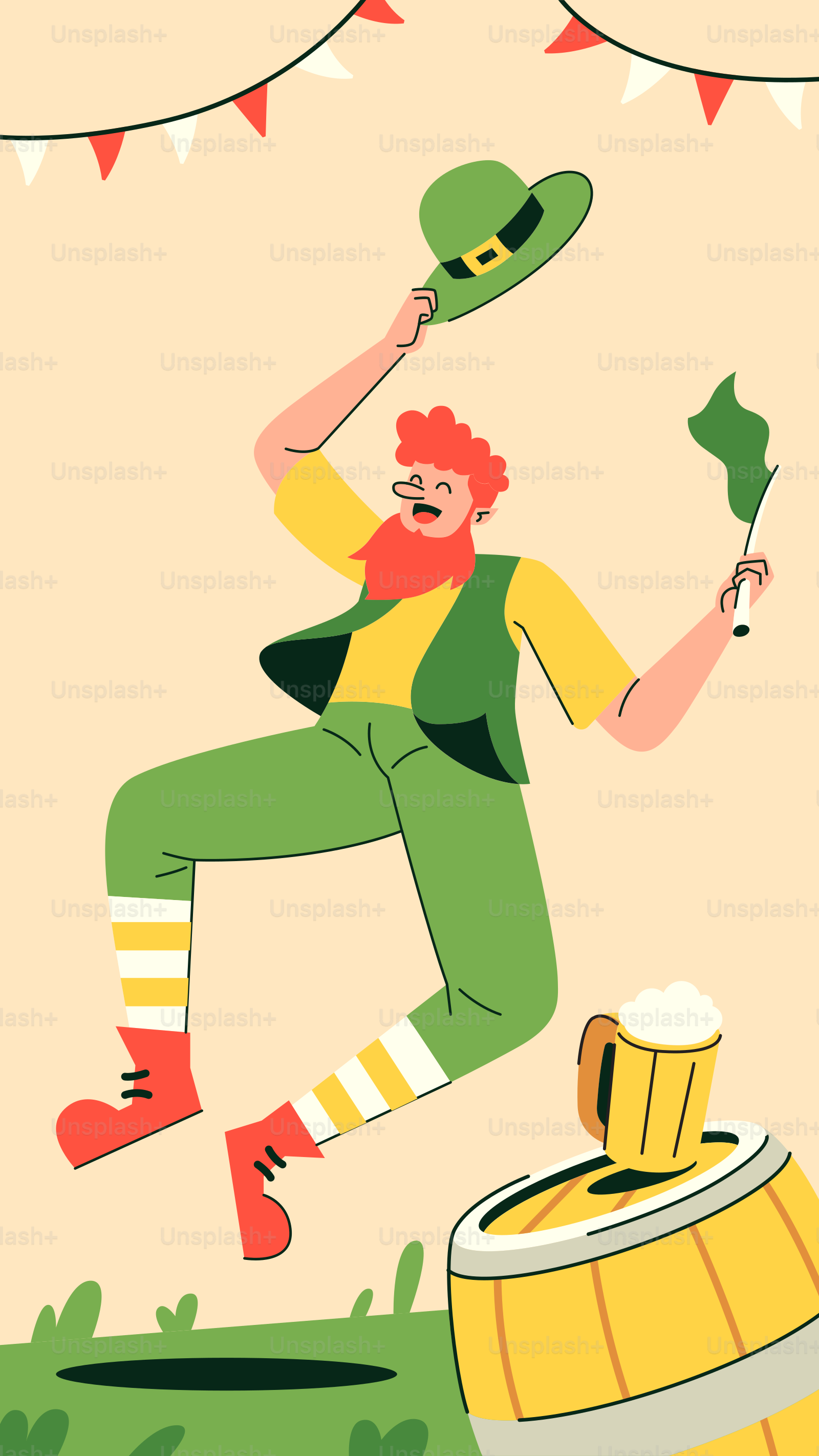 Un hombre disfrazado de lepreite saltando sobre un barril