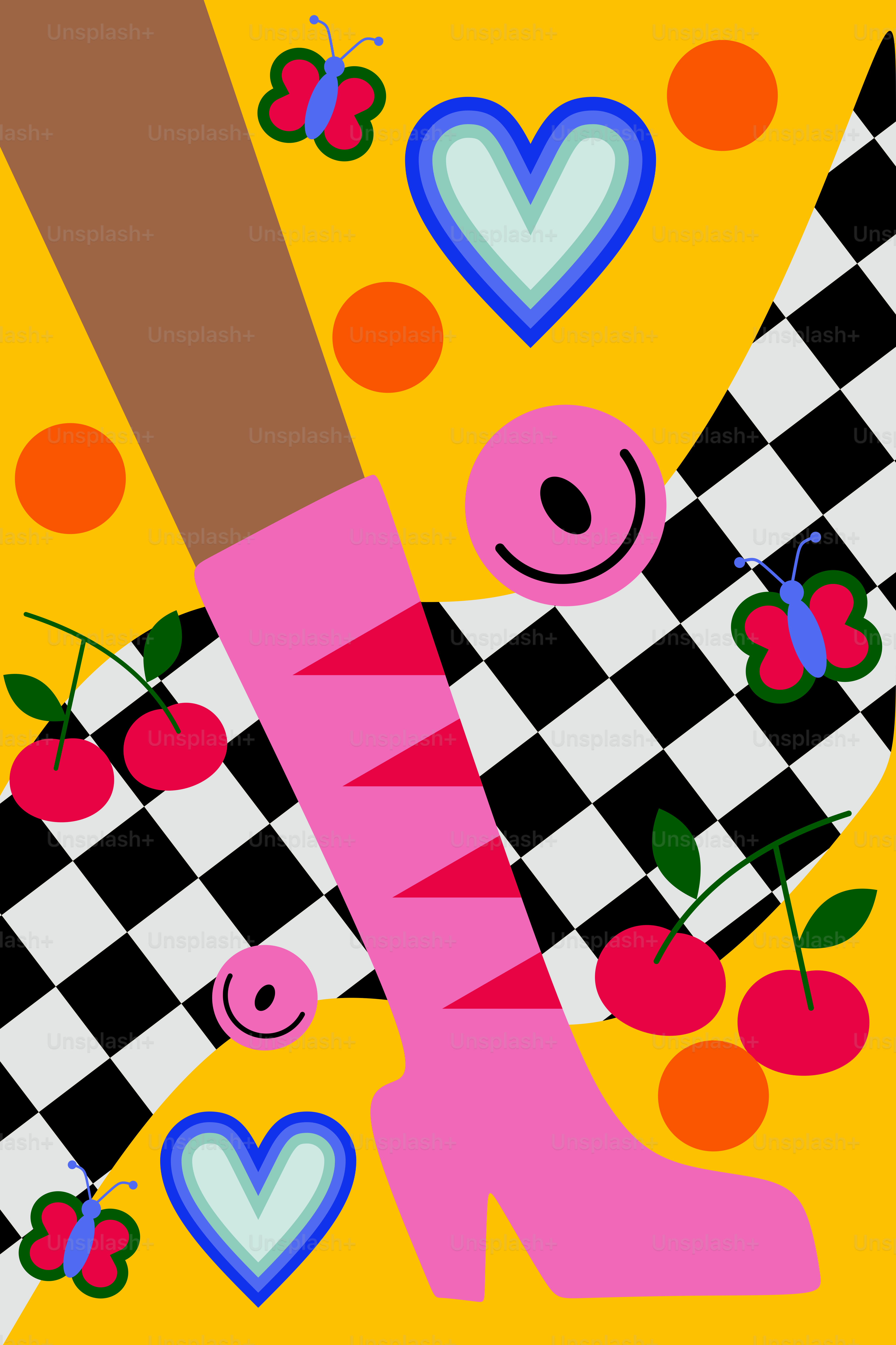 하트와 체리가 있는 여성의 다리 그림입니다