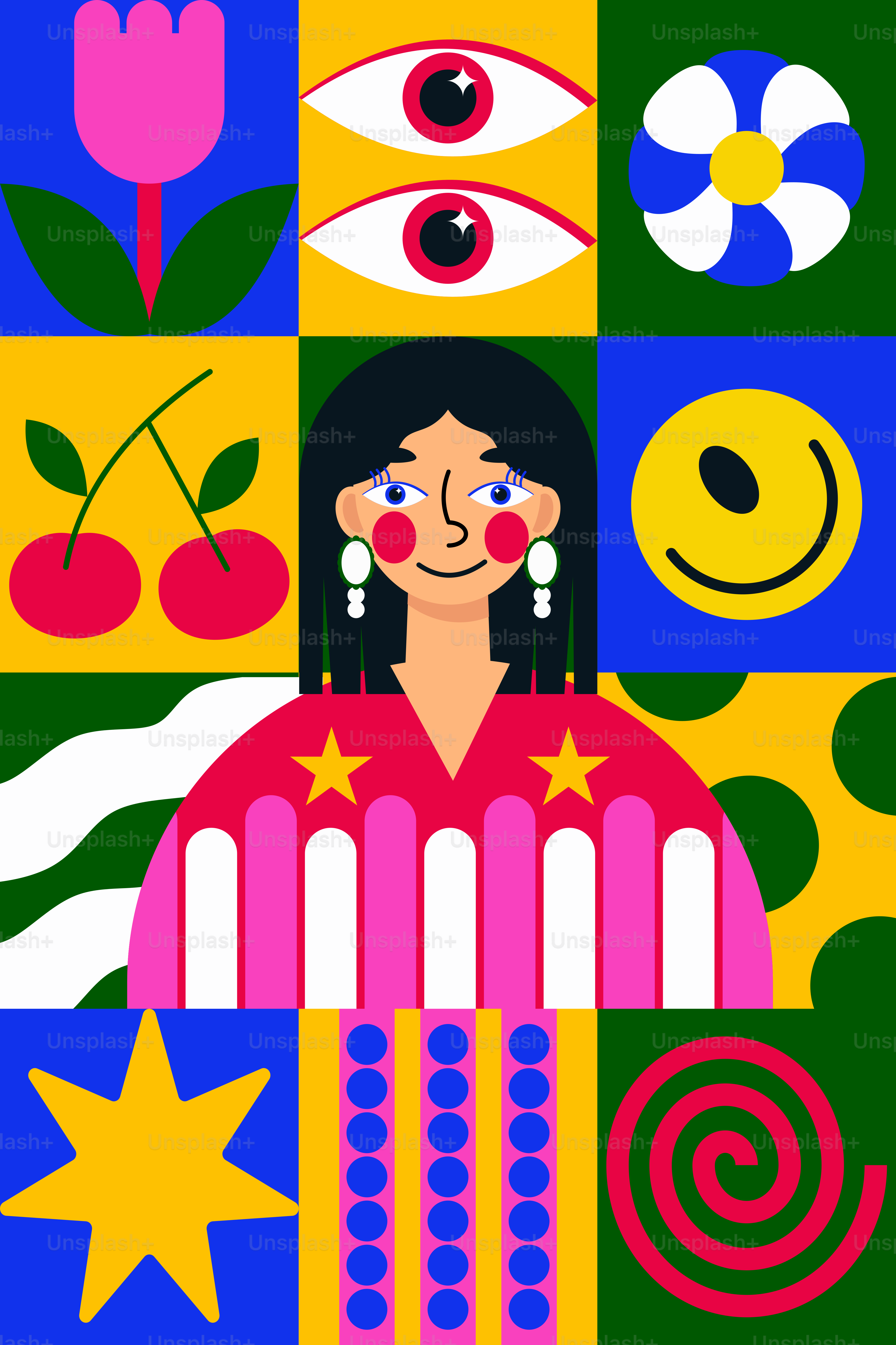 A painting of a woman surrounded by colorful images vector – Maximalism ...