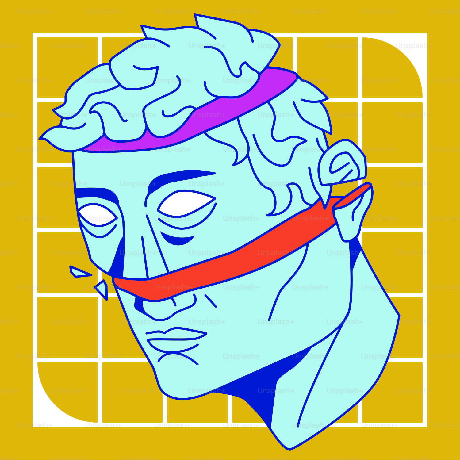 A drawing of a man with a bandage around his neck