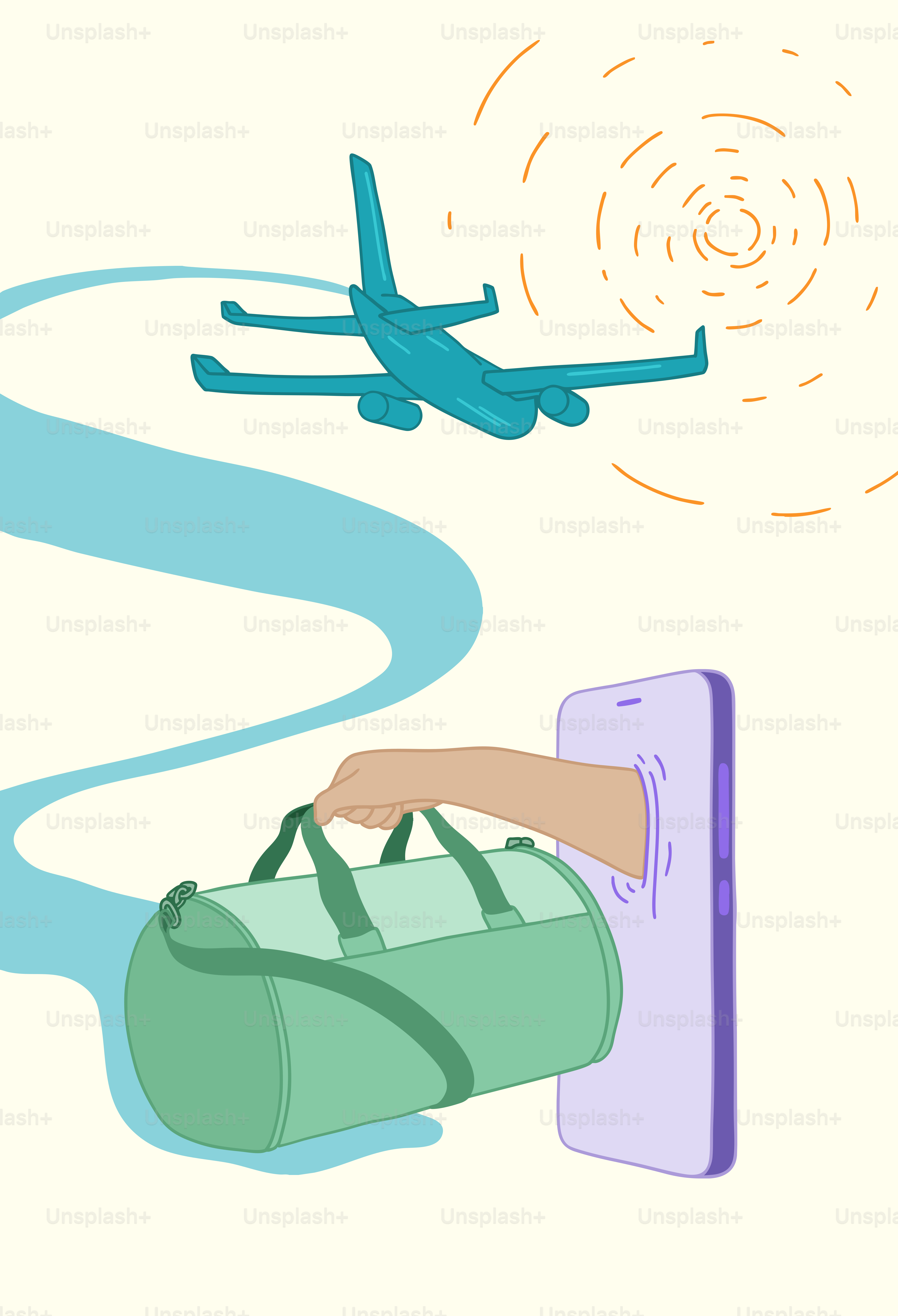 A hand is holding a green bag and an airplane is flying in the sky