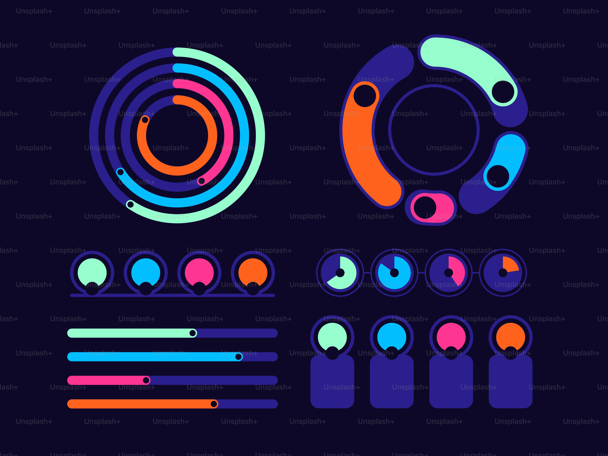 Un insieme di forme di colori diversi su uno sfondo scuro