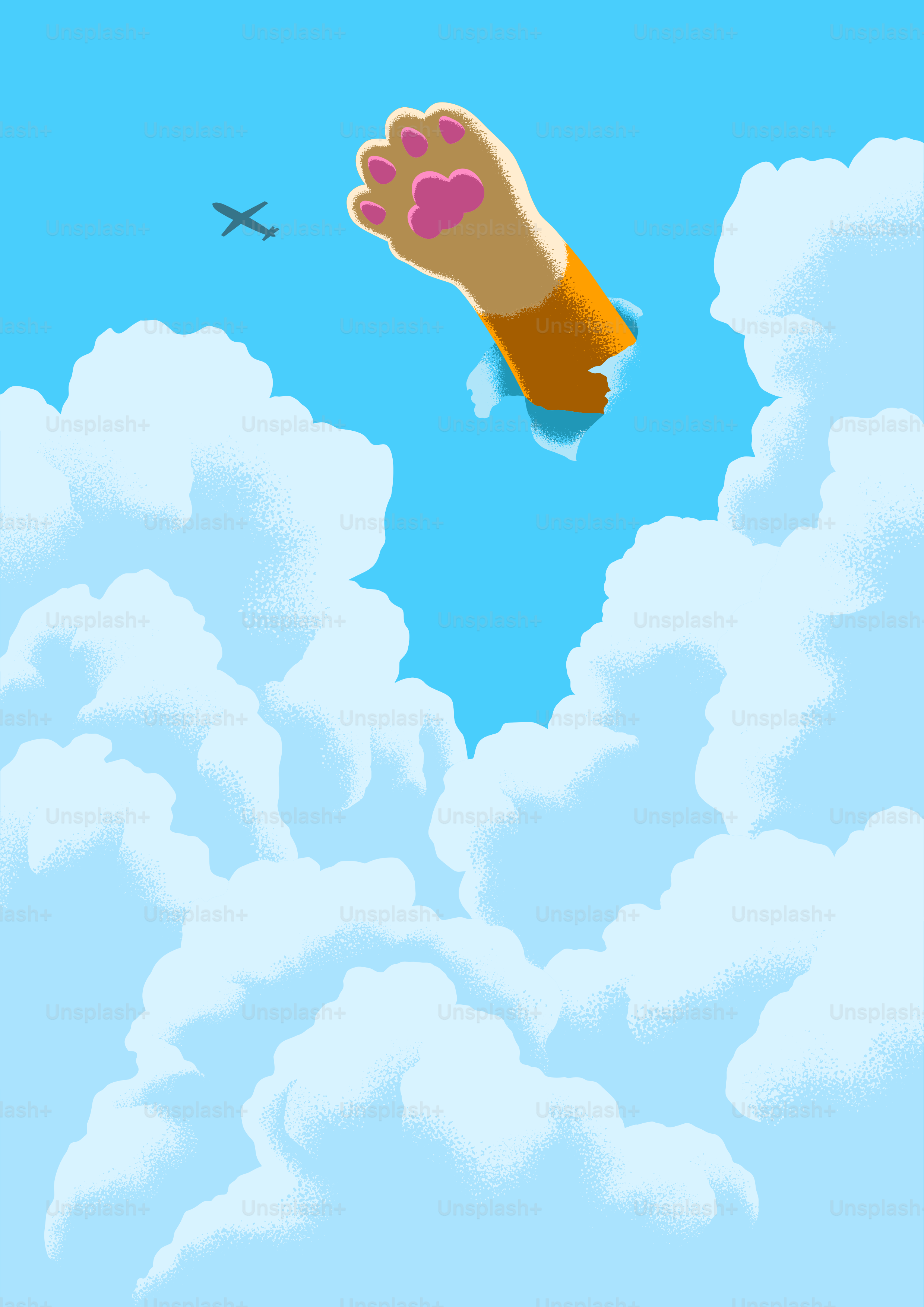 하늘로 뻗은 손과 배경에 비행기가 있는 모습