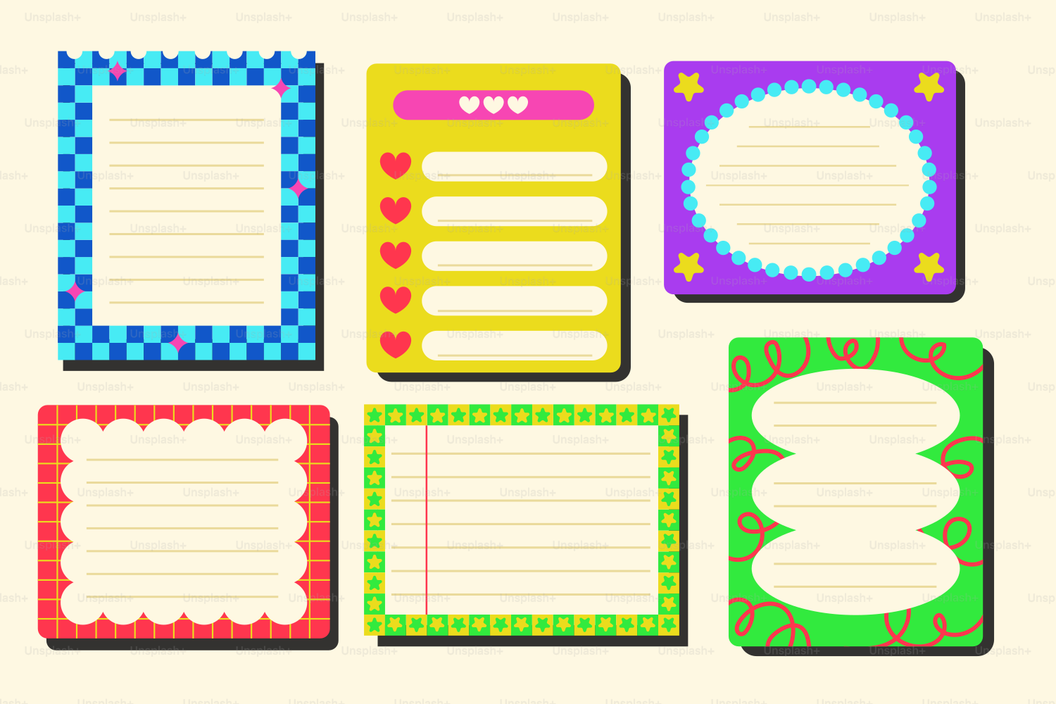 A set of colorful notepads on a white background