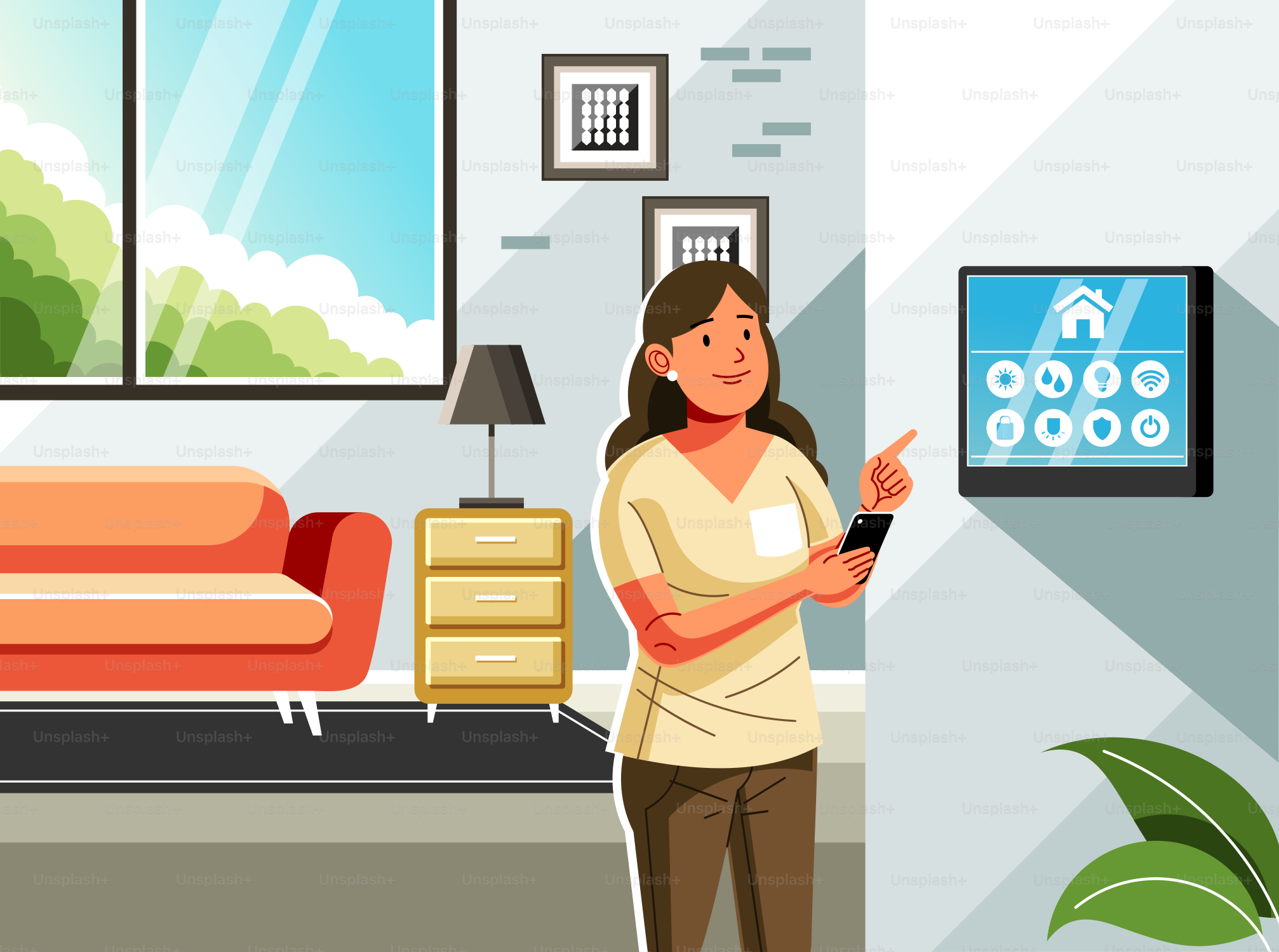 A woman is standing in a living room