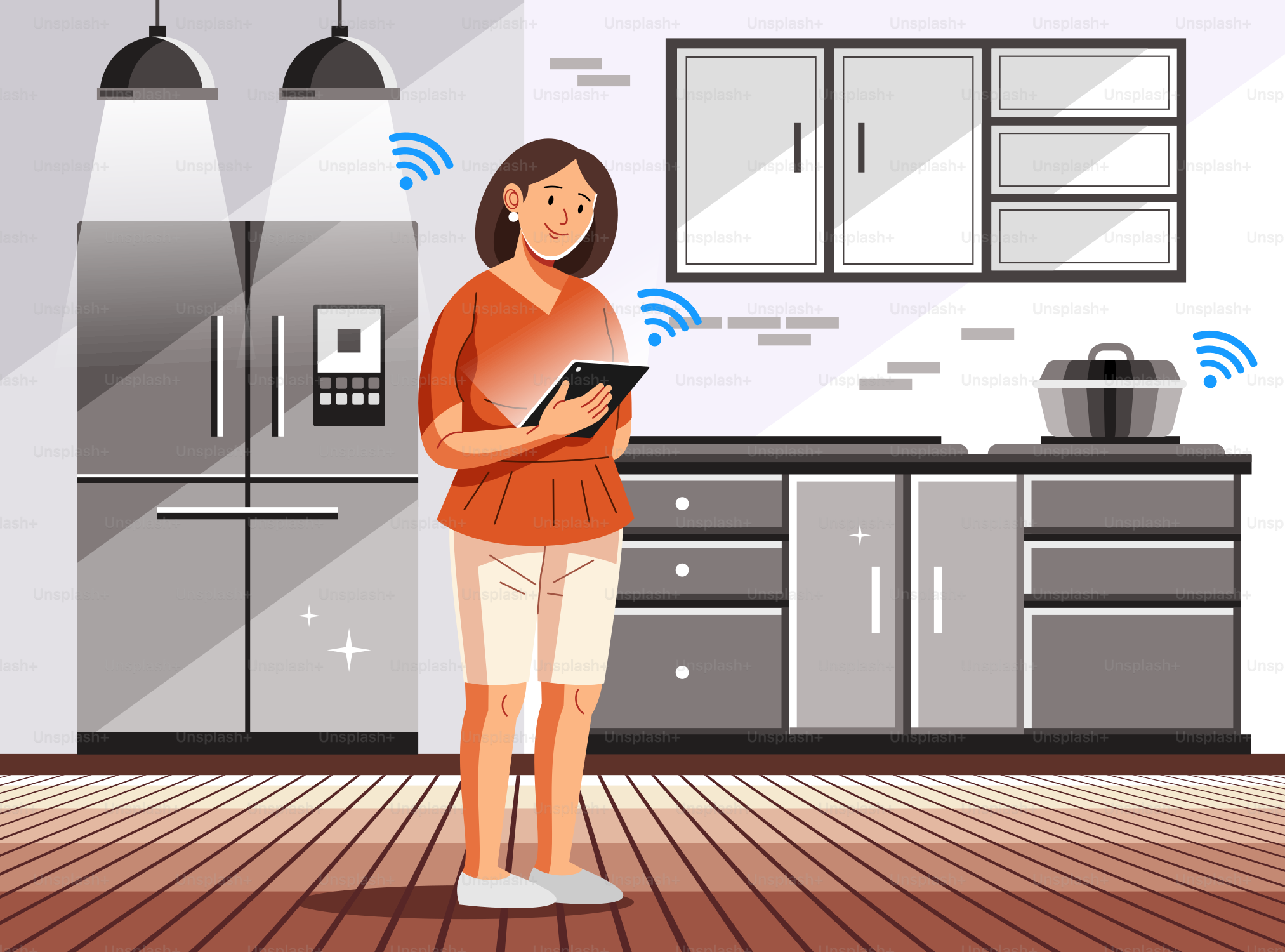 um, mulher, ficar, em, um, cozinha, usando, um, tablet