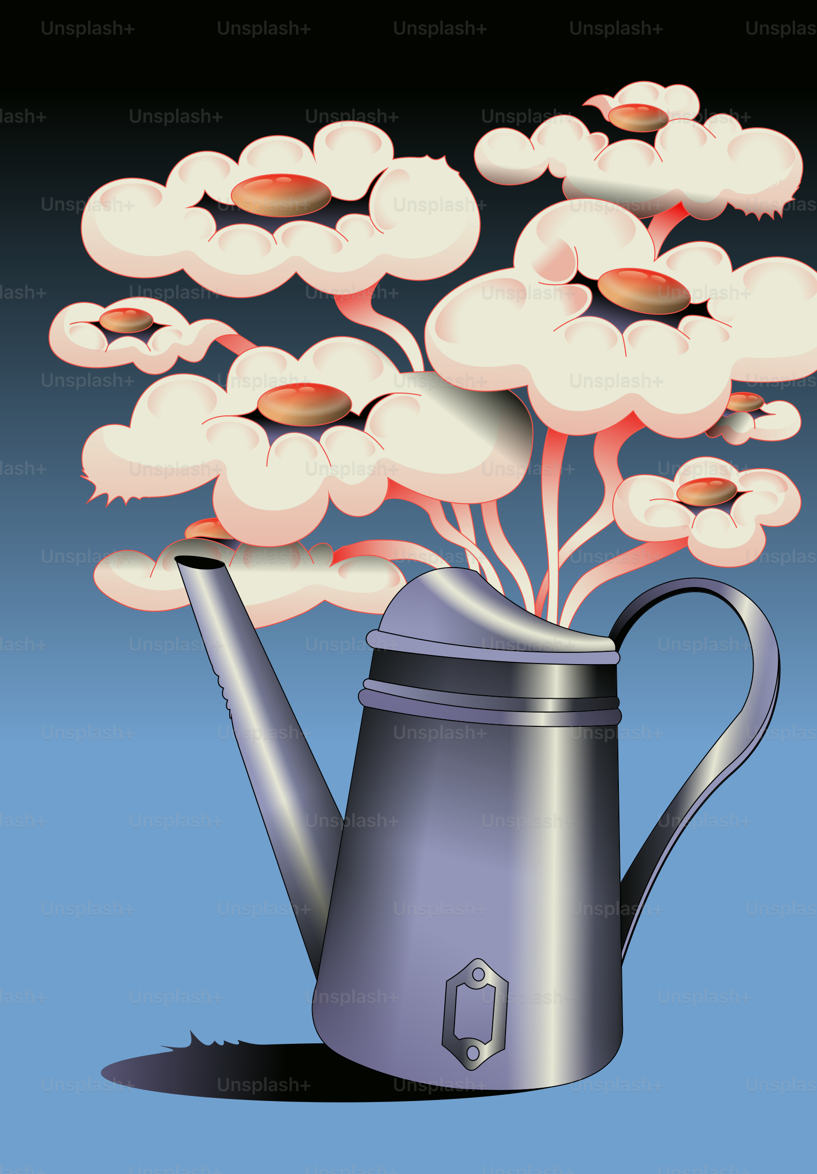 A watering can filled with flowers on a blue background