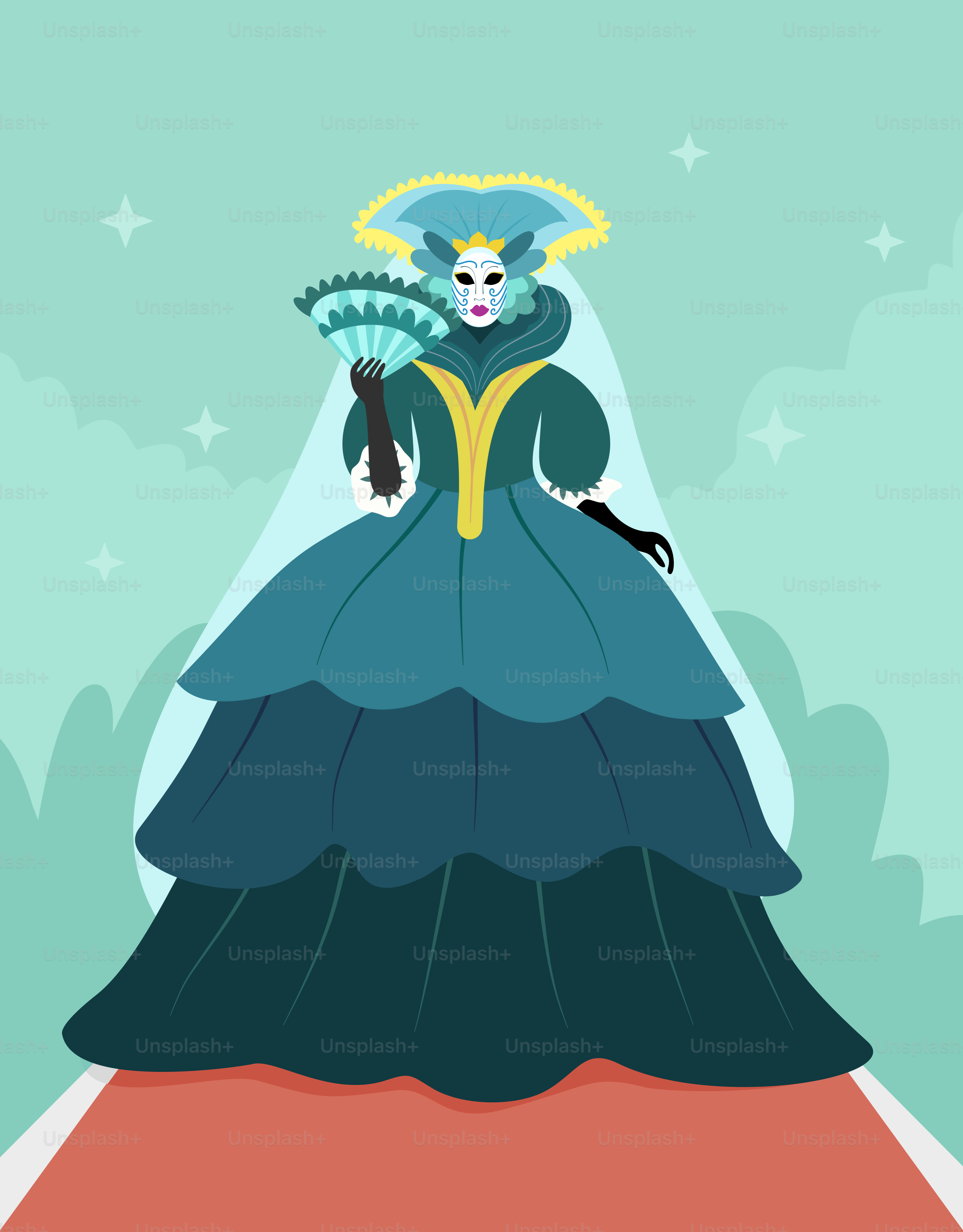 A woman in a long dress with a fan in her hand