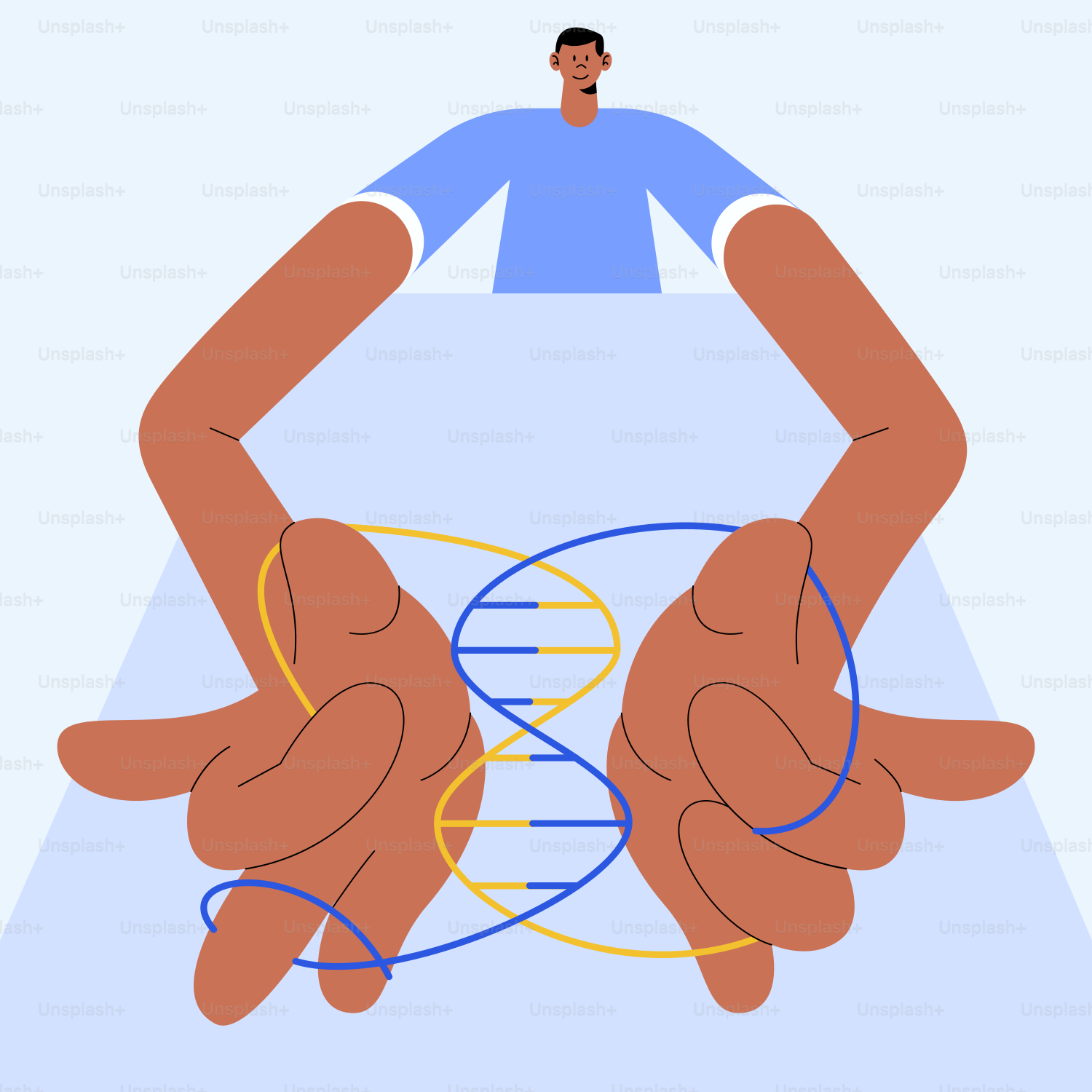 A graphic of a person holding a hand with a double strand of blue and yellow