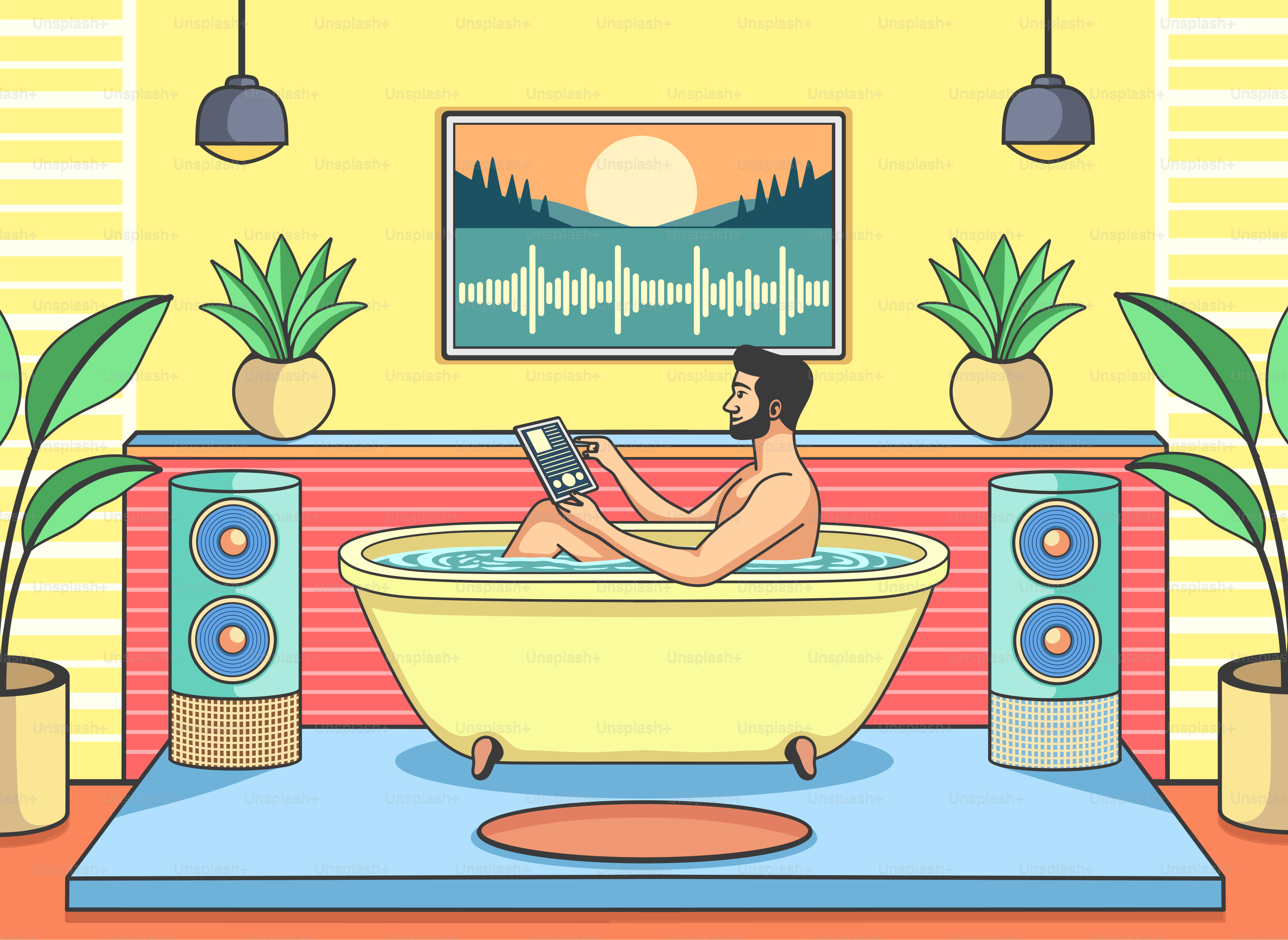 A man sitting in a bathtub in a living room