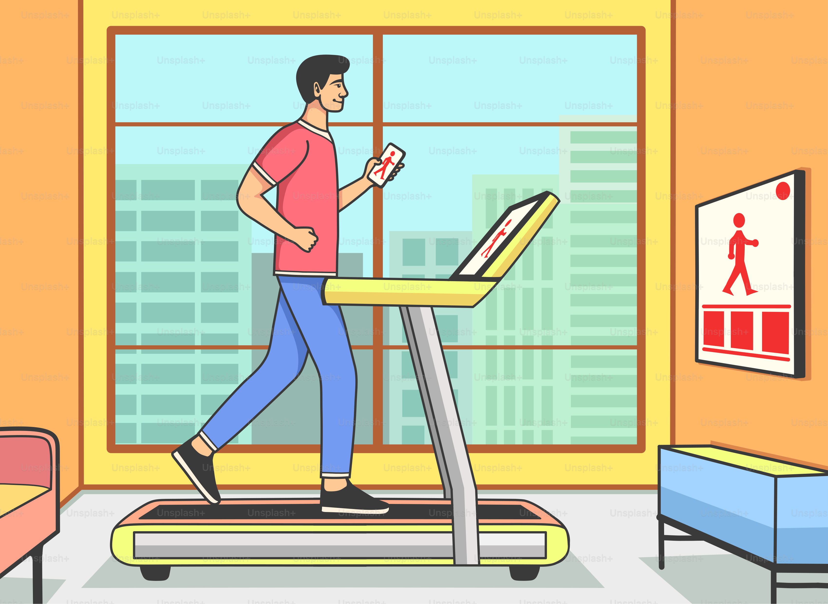 A man running on a treadmill in a living room