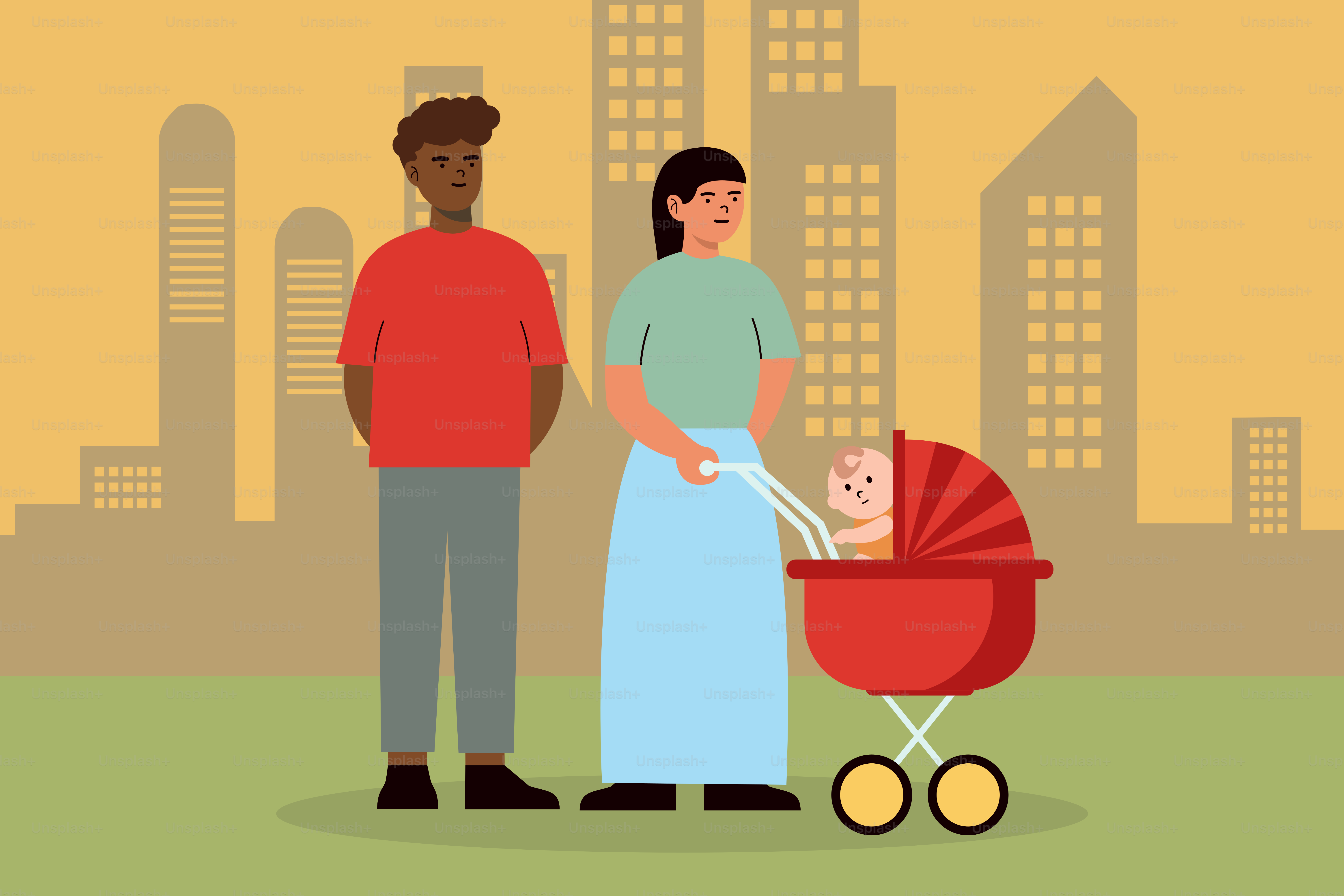 Ein Mann und eine Frau, die neben einem Baby in einem Kinderwagen stehen