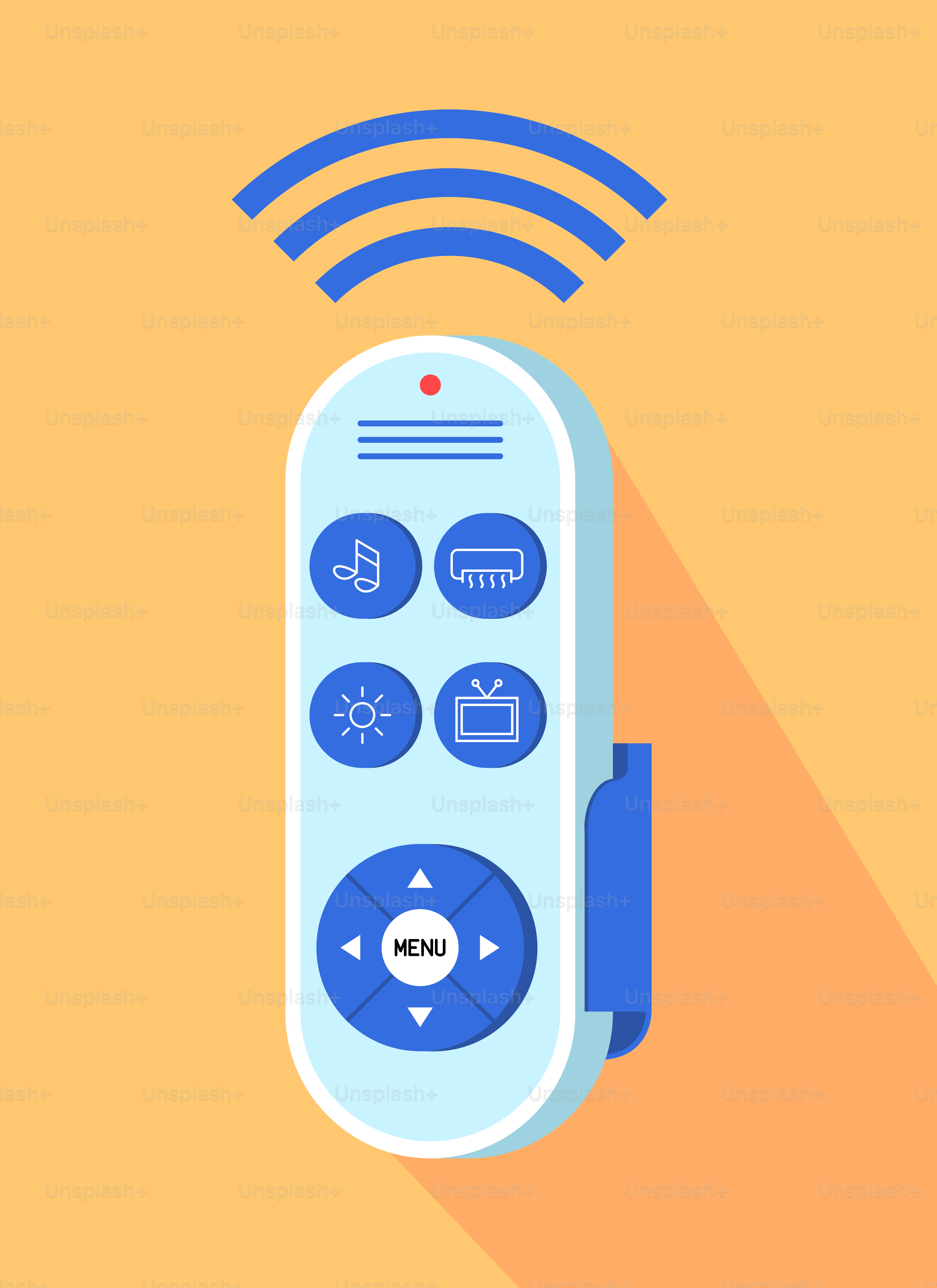 Un mando a distancia con una larga sombra sobre un fondo amarillo