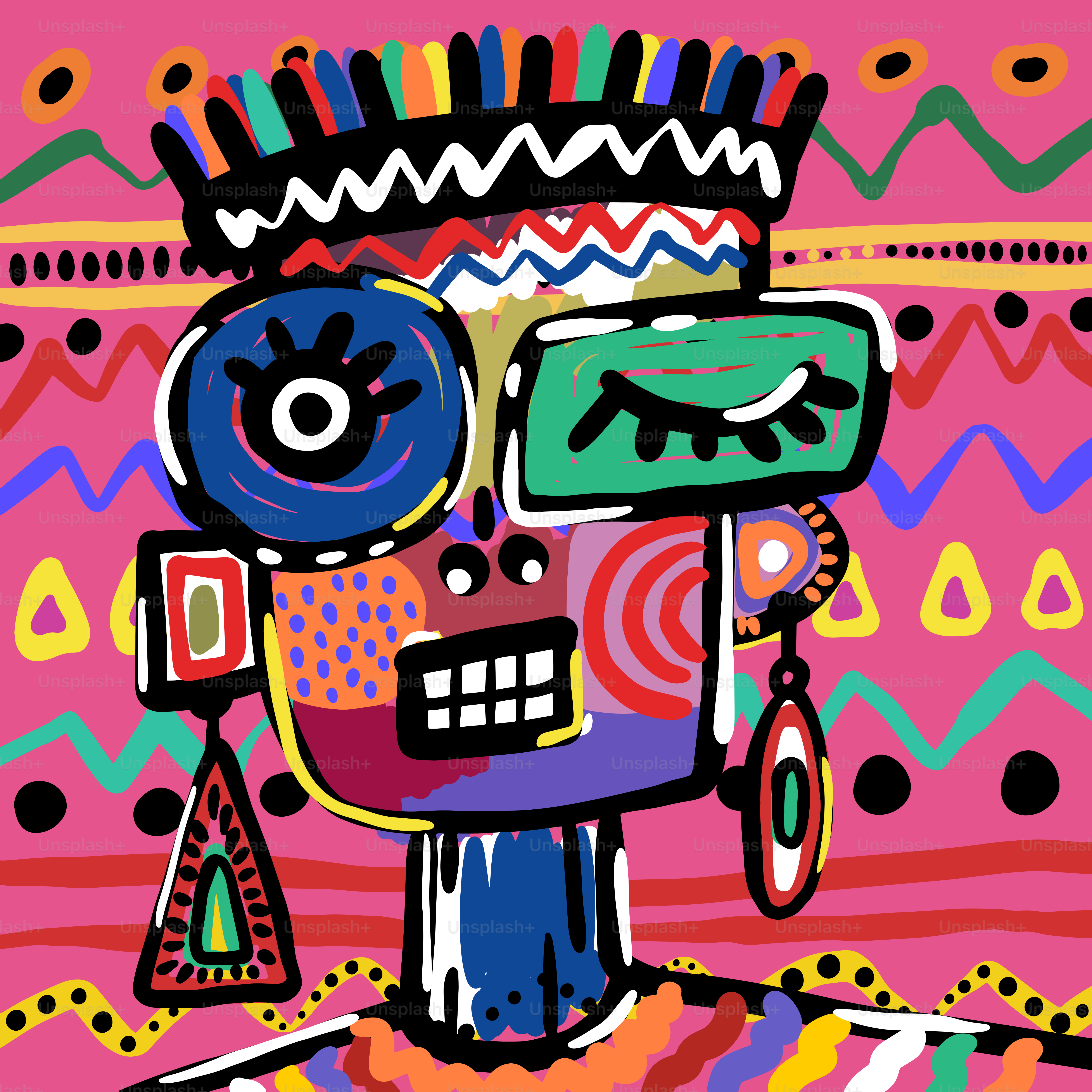 A painting of a person with a colorful headdress