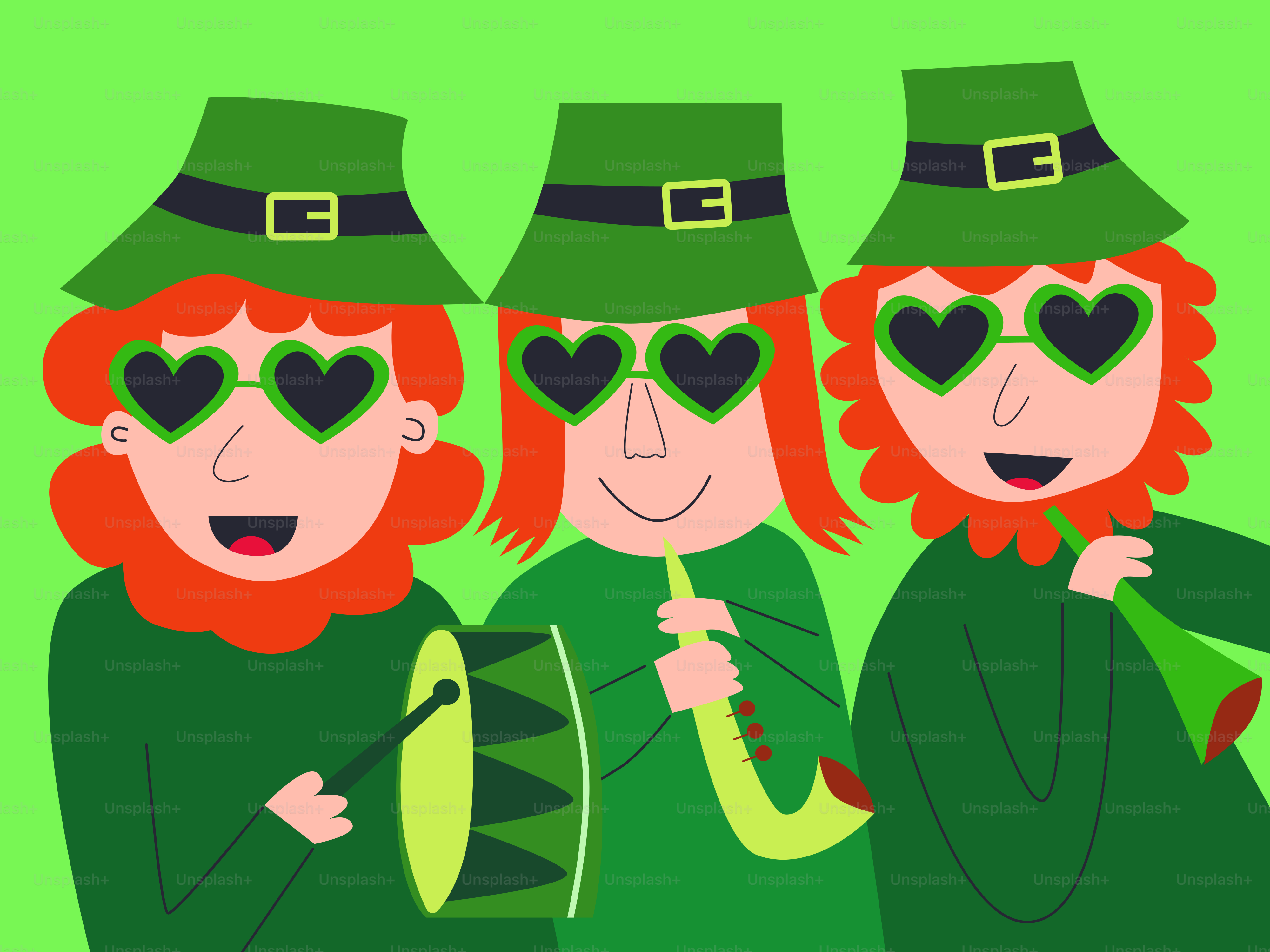 Three st patrick's day leprechauns wearing green hats and green