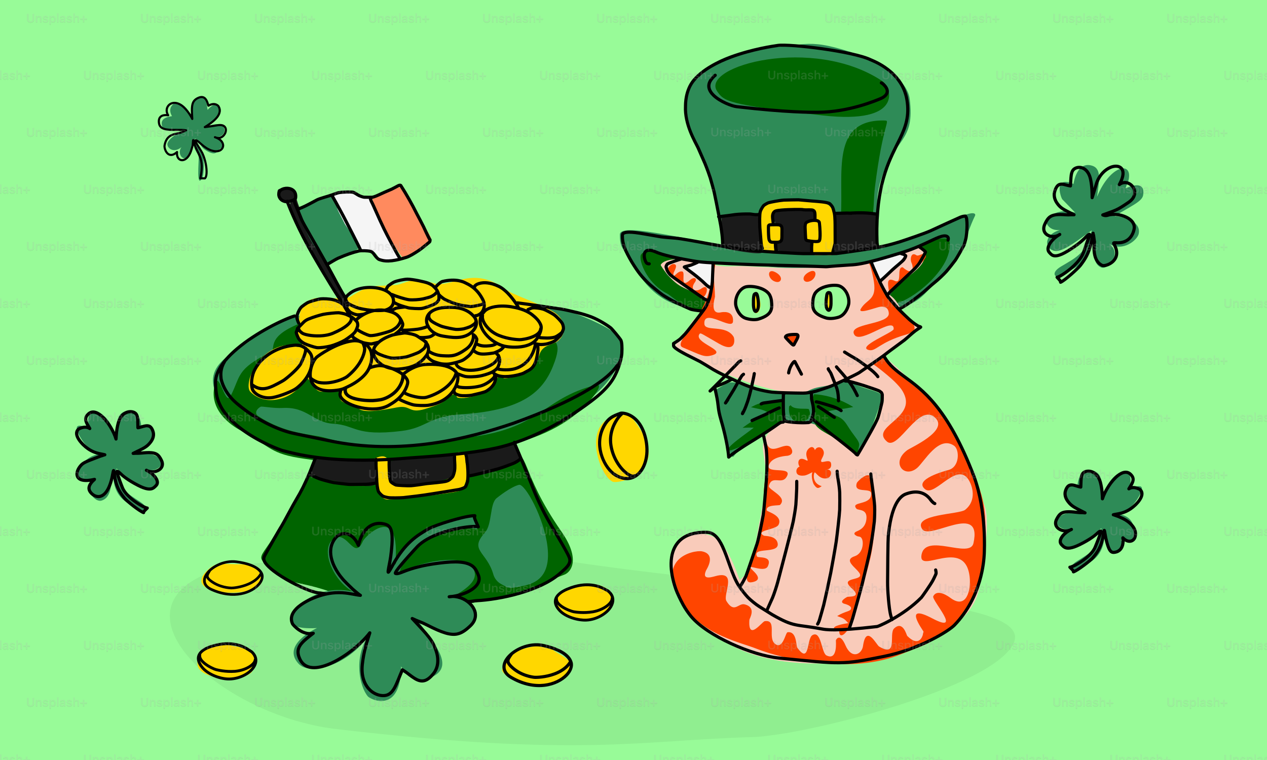 Un gato sentado junto a una olla de monedas de oro