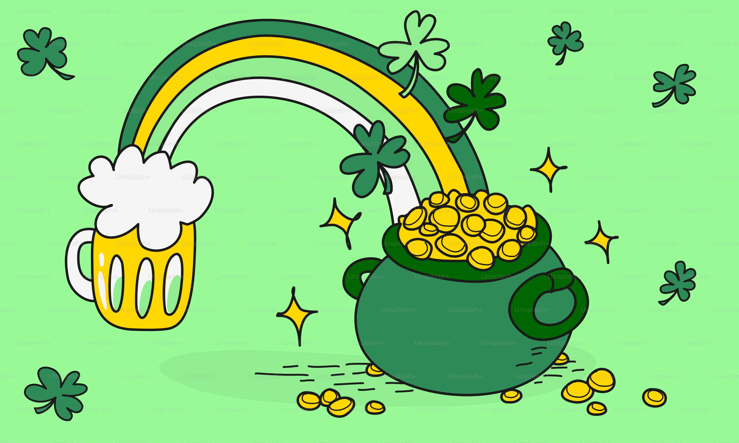 Una olla llena de monedas de oro junto a un arcoíris