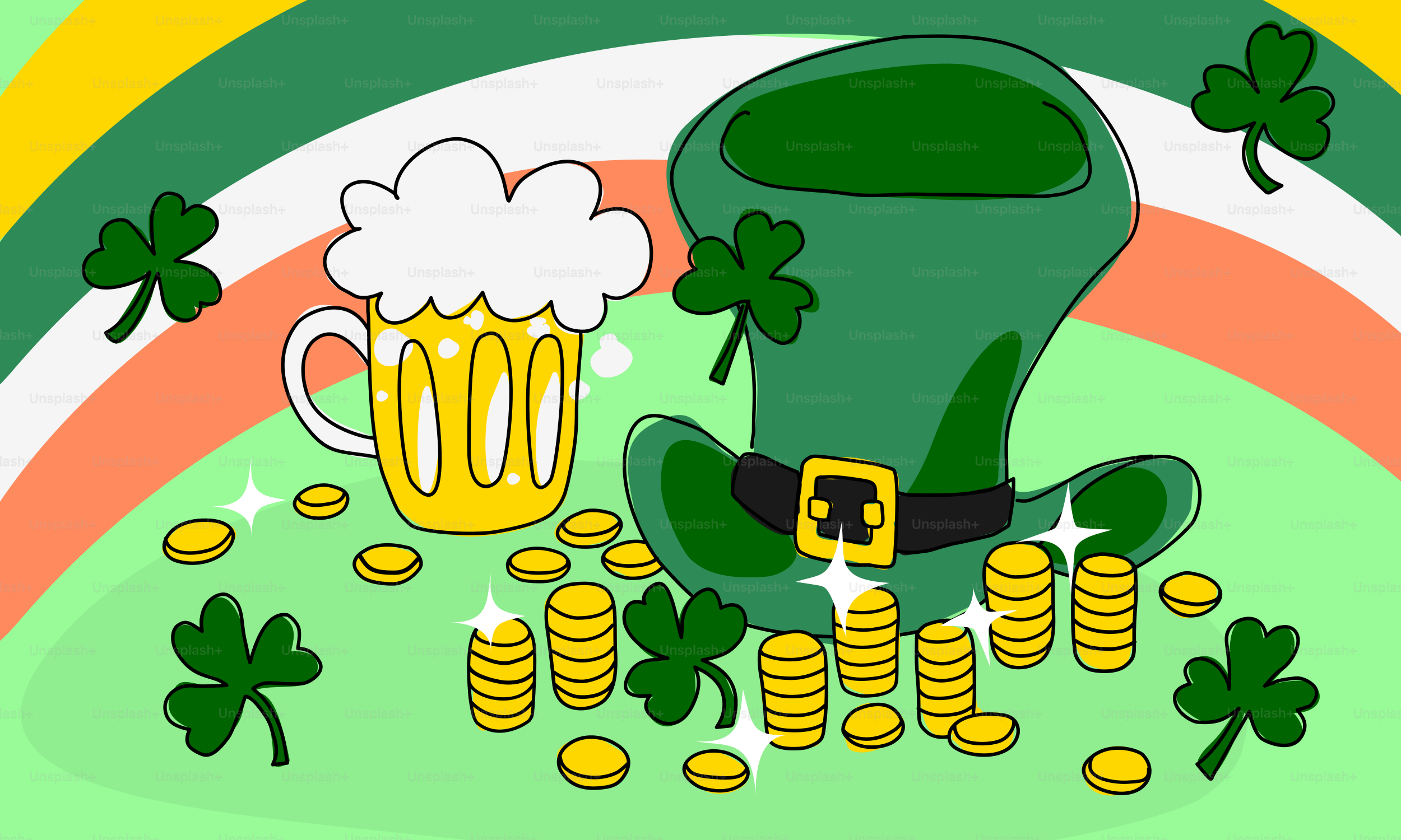 Una olla de monedas de oro y un sombrero verde con tréboles