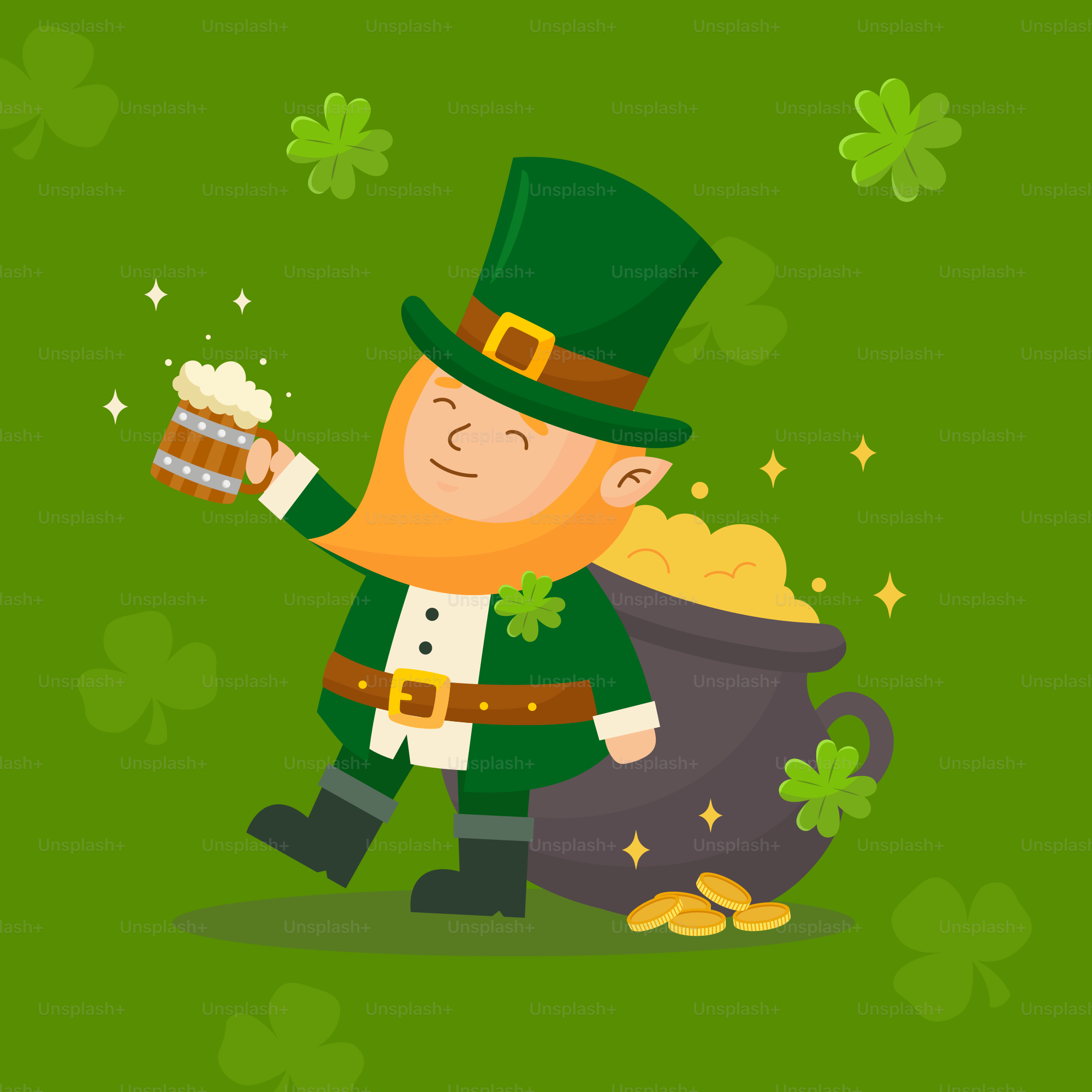 A lepreite holding a mug of beer and a pot of gold