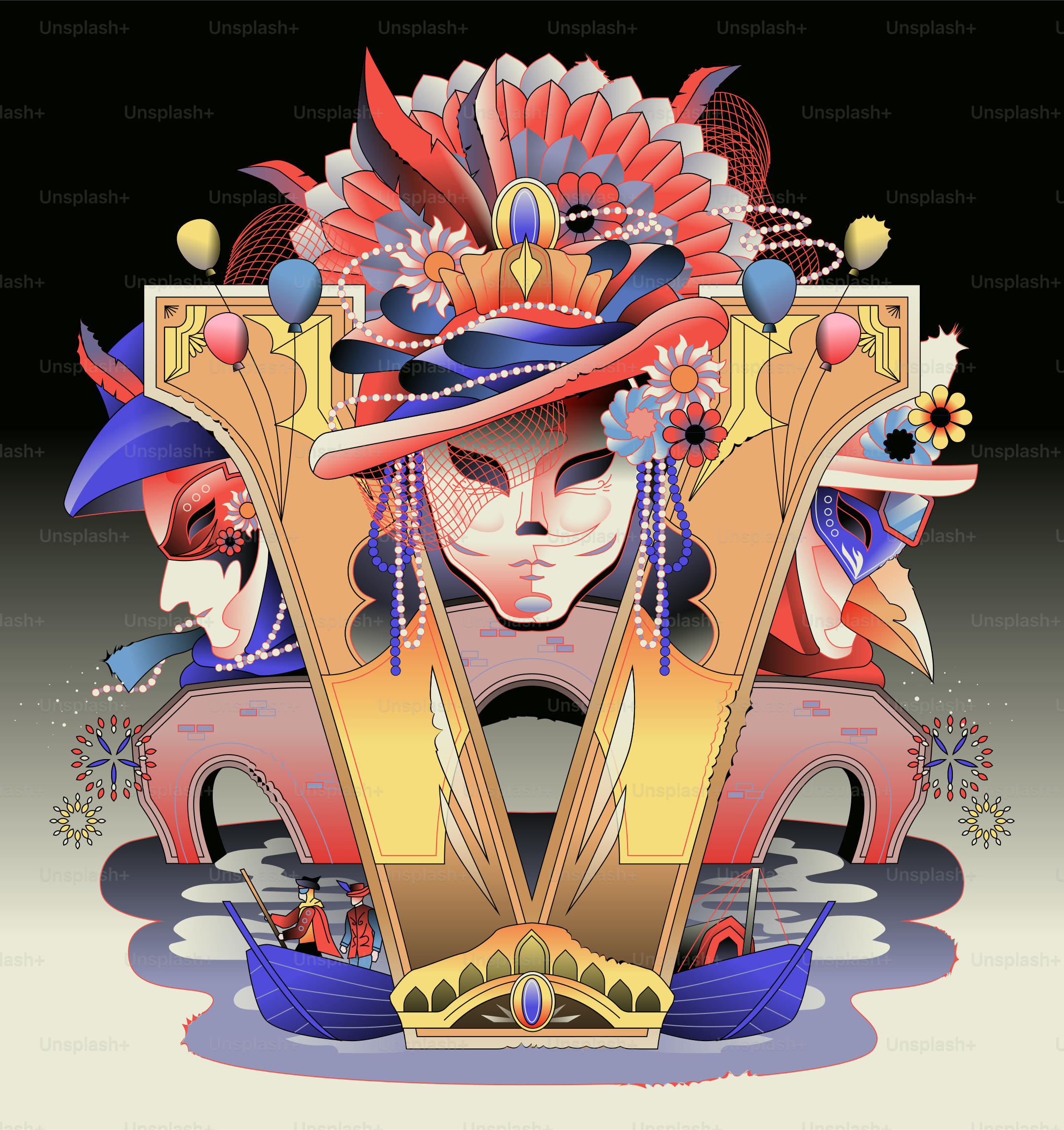 A woman wearing a colorful hat with feathers on her head