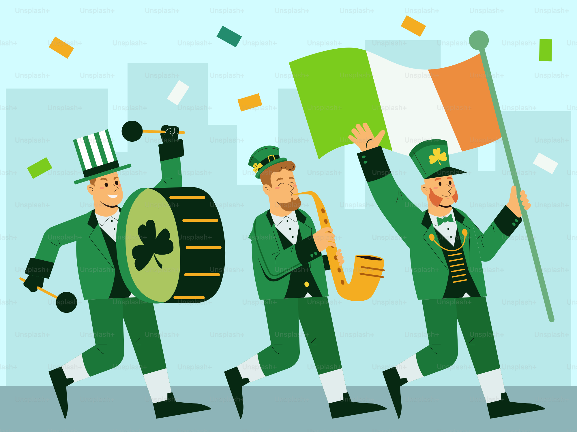 A group of men in green outfits holding irish flags