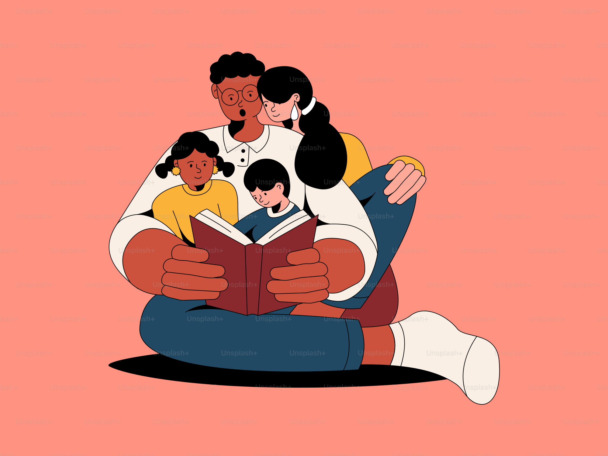 Une femme assise par terre en train de lire un livre à deux enfants