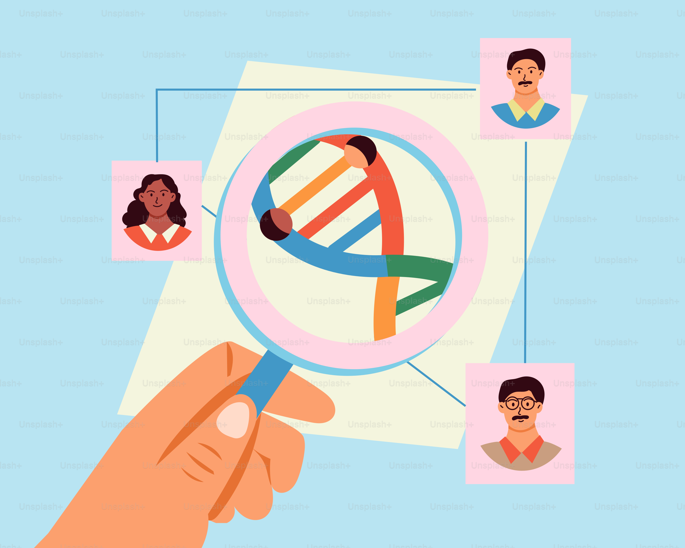 Eine Hand, die eine Lupe über ein Papier mit dem Bild eines