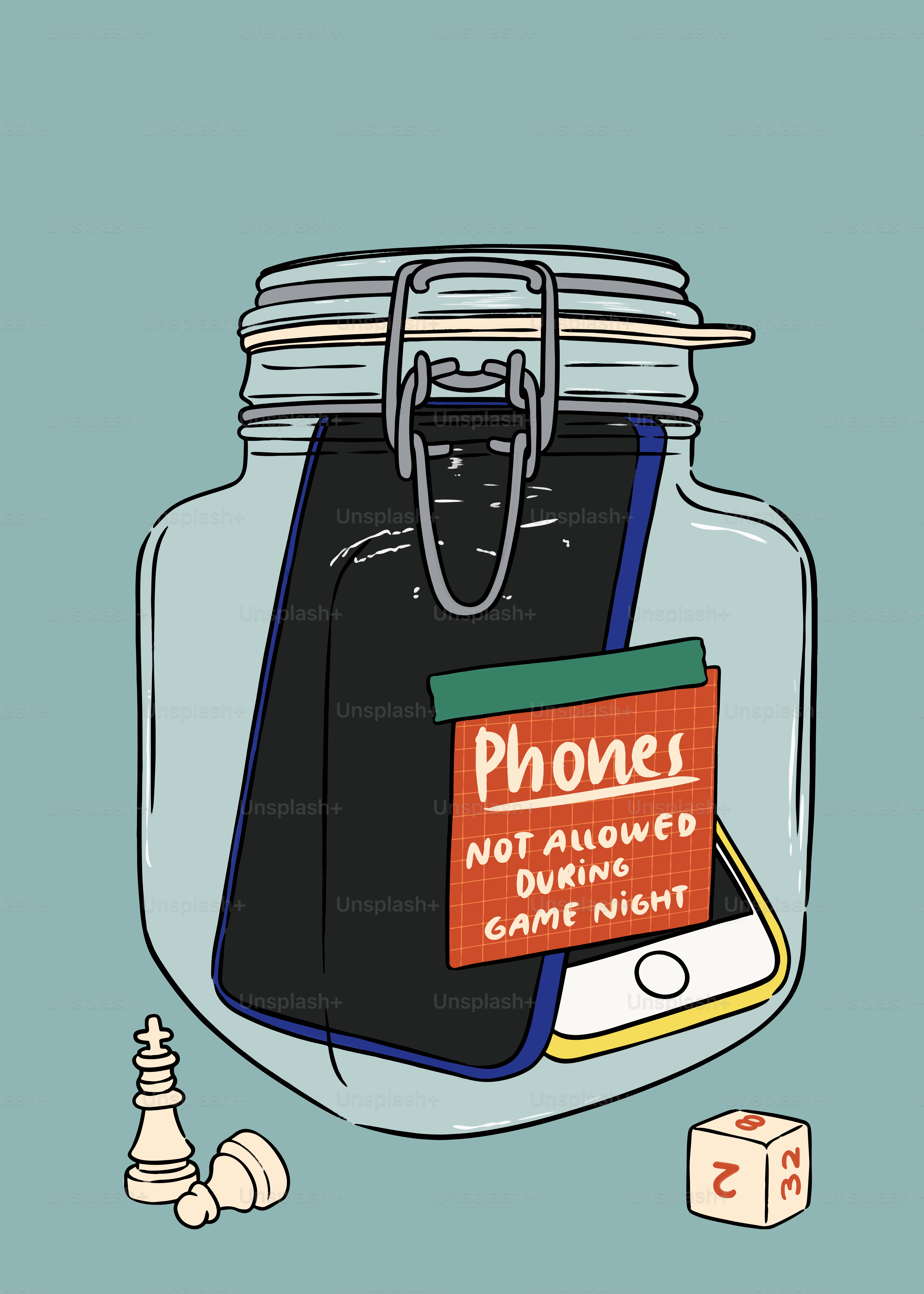 A jar with a phone and a sign on it