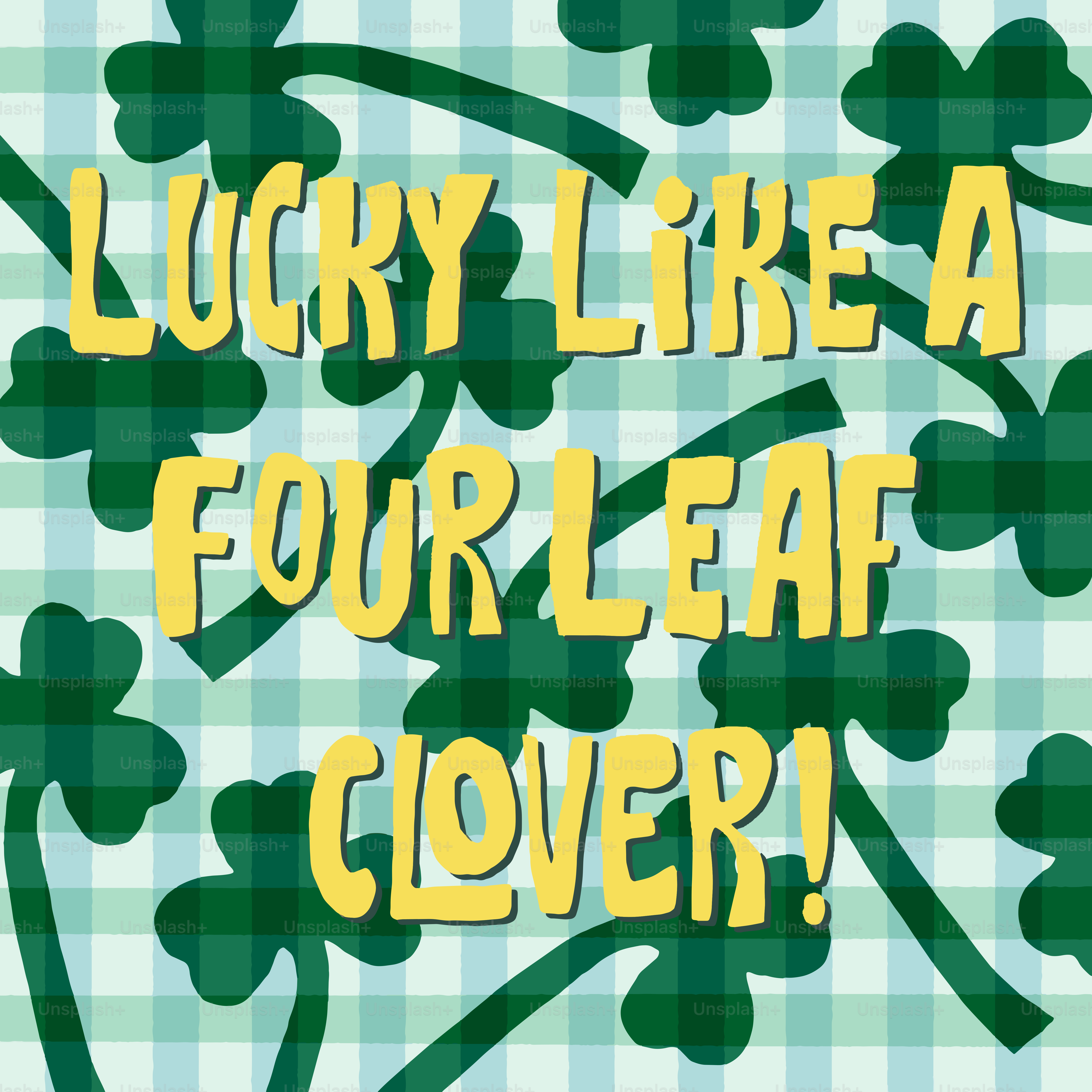 A green and white checkered background with a four leaf clover