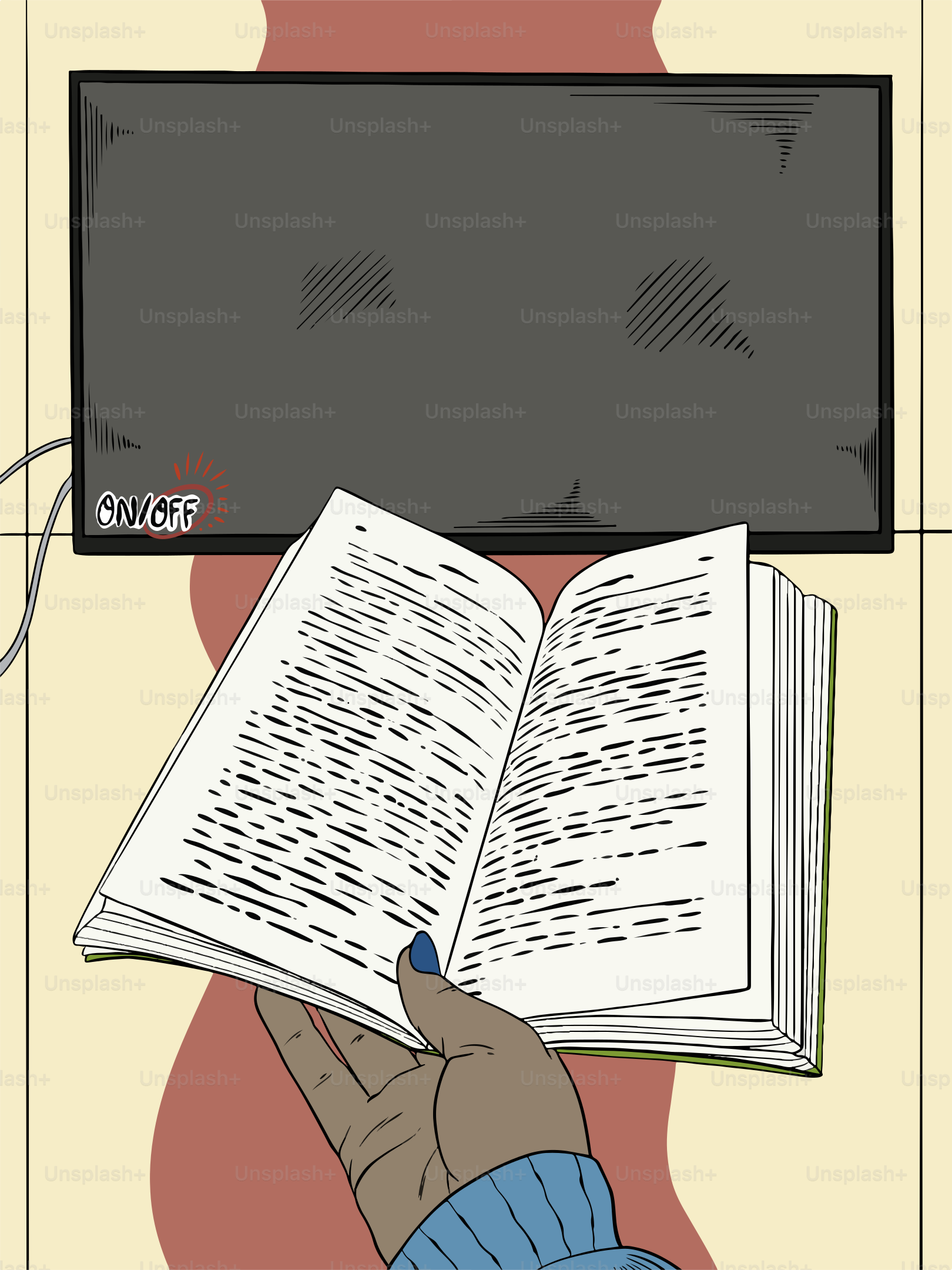 A person is holding a book in front of a TV