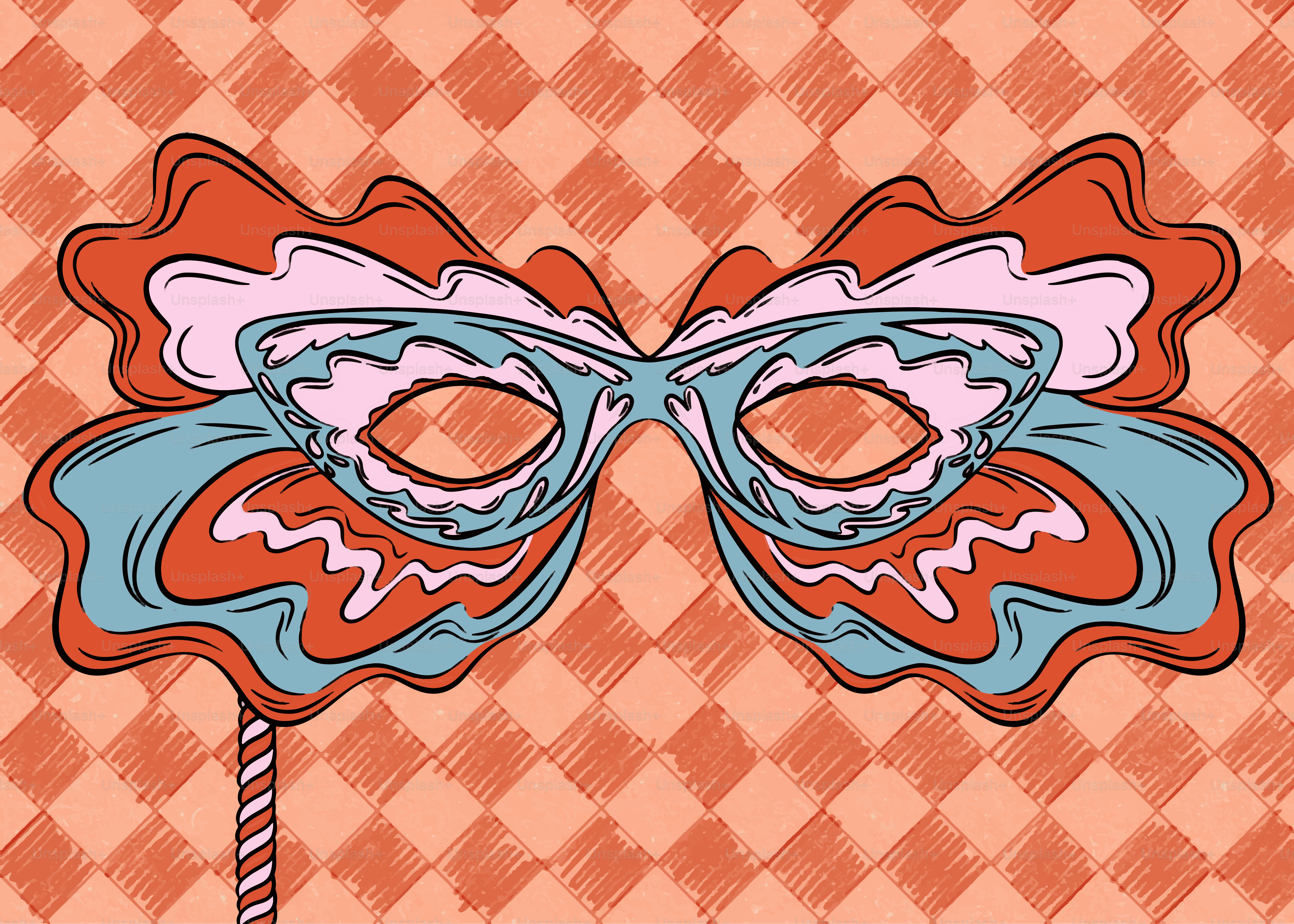 Un dibujo de una máscara de carnaval sobre un fondo a cuadros